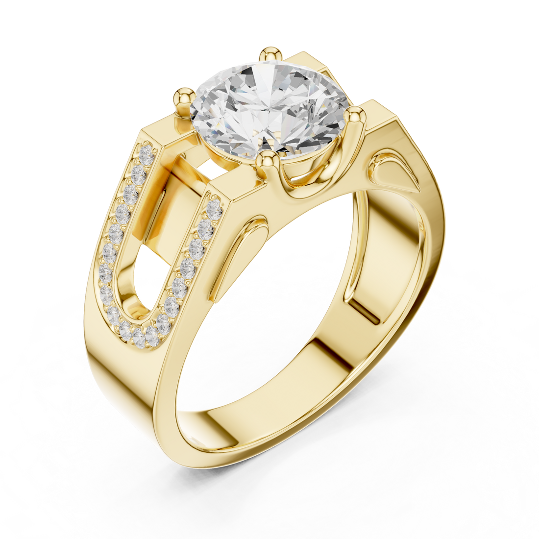 Round Diamond Solitaire Ring with Pavé Side Detail Structured Band