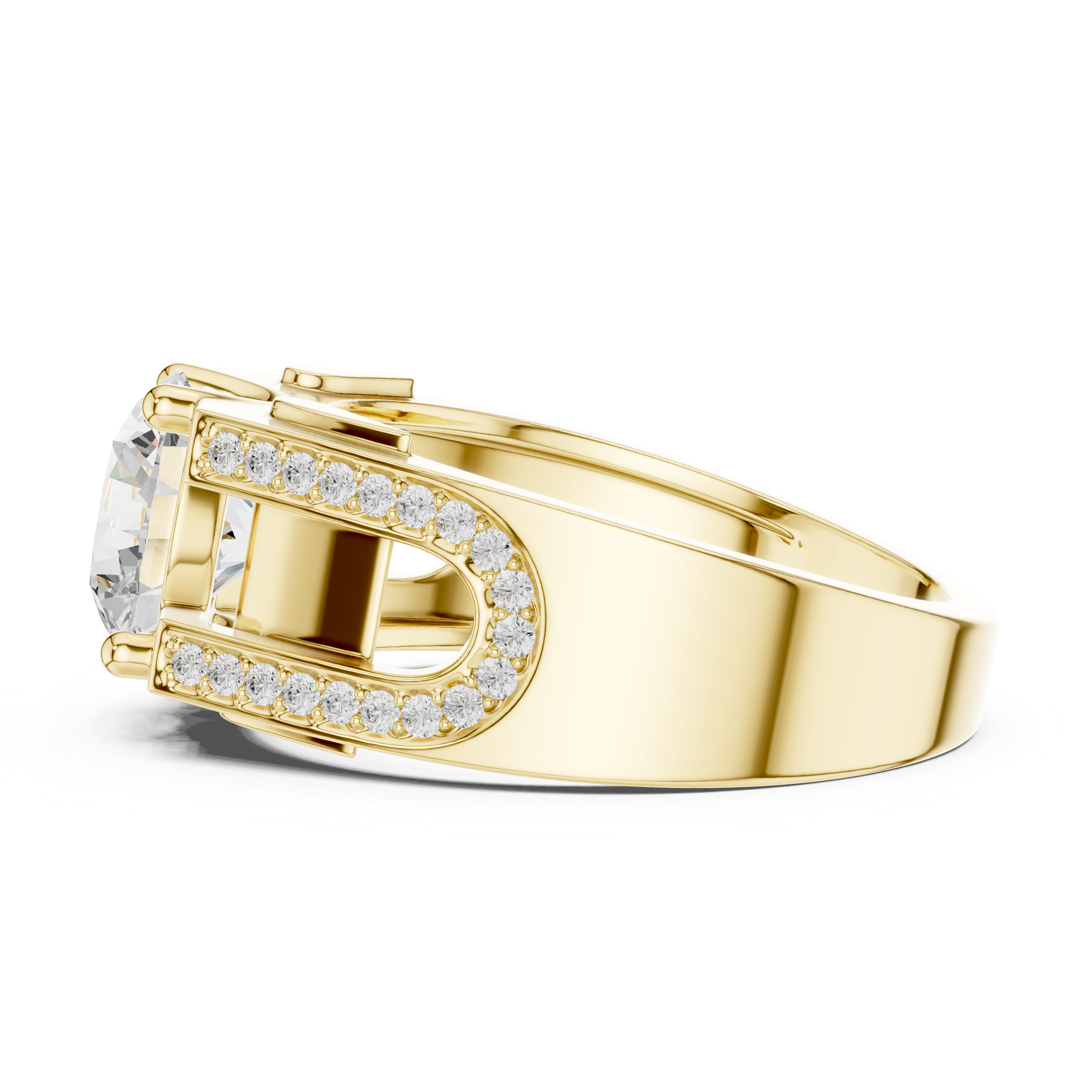 Round Diamond Solitaire Ring with Pavé Side Detail Structured Band