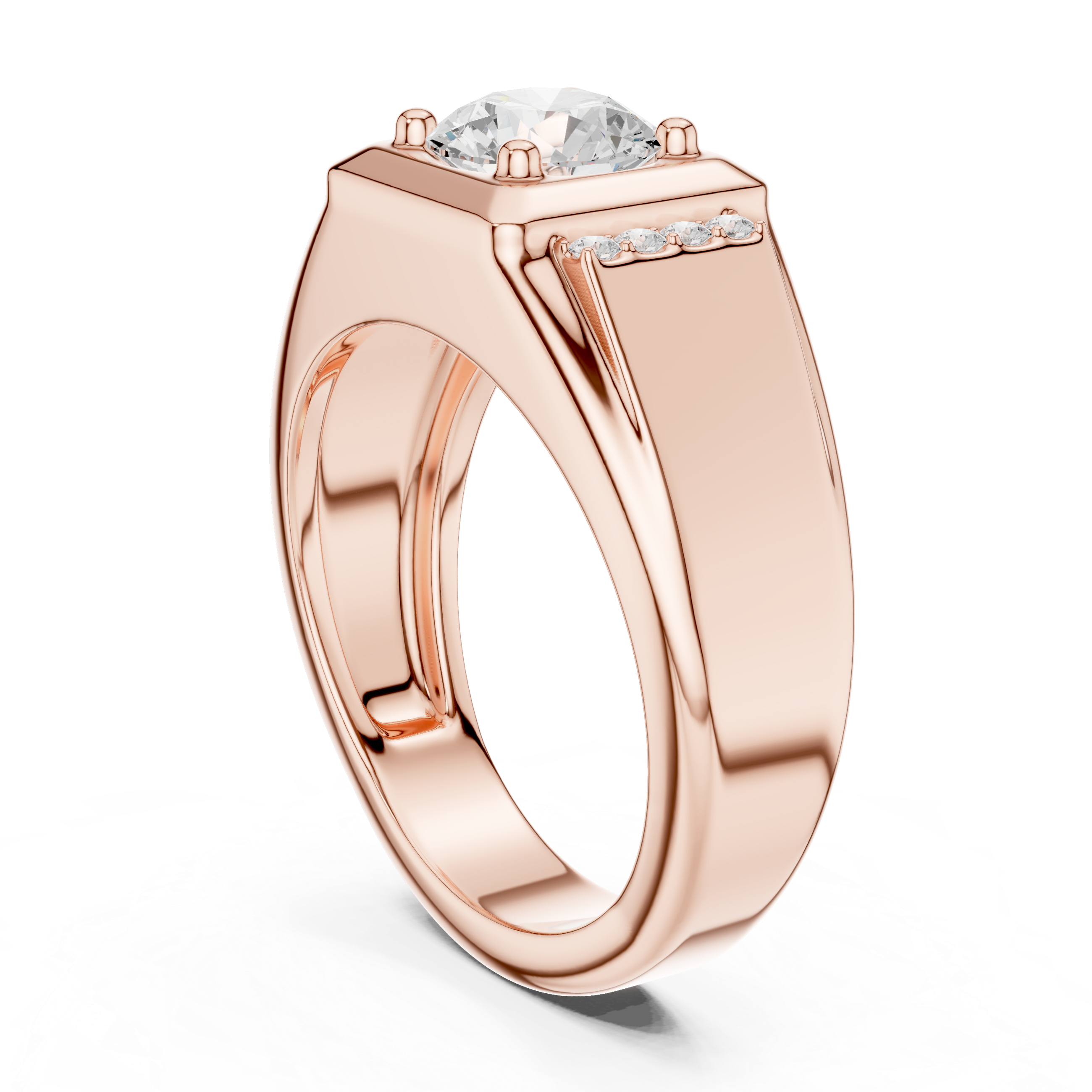 Round Cut Diamond Center with Pavé Side Stone Structured Band Design