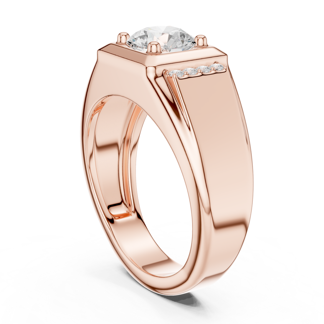 Round Cut Diamond Center with Pavé Side Stone Structured Band Design
