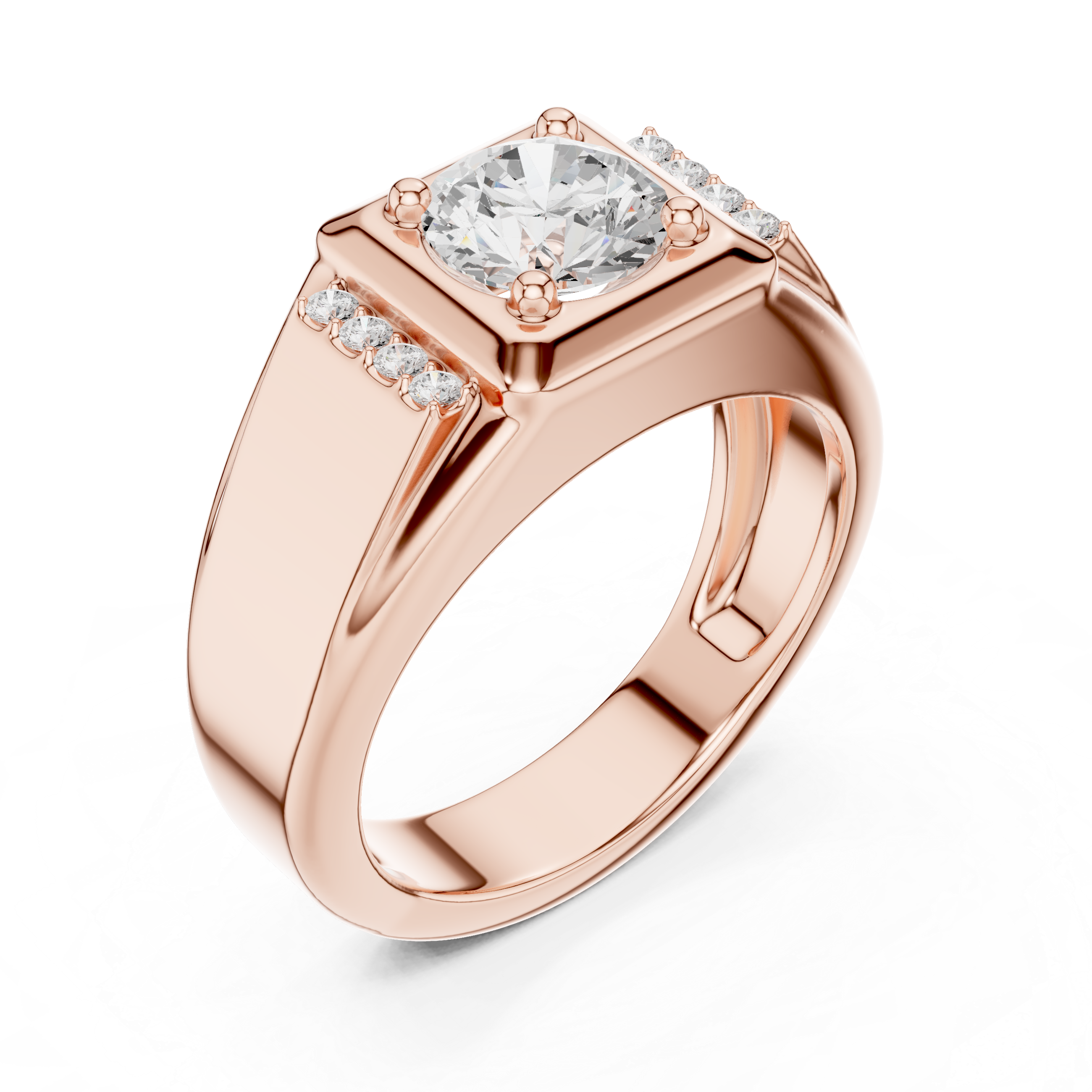 Round Cut Diamond Center with Pavé Side Stone Structured Band Design