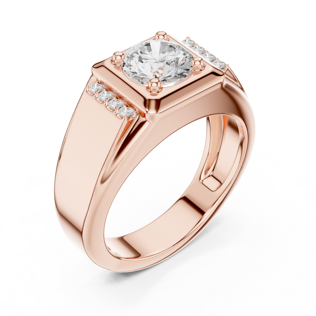 Round Cut Diamond Center with Pavé Side Stone Structured Band Design