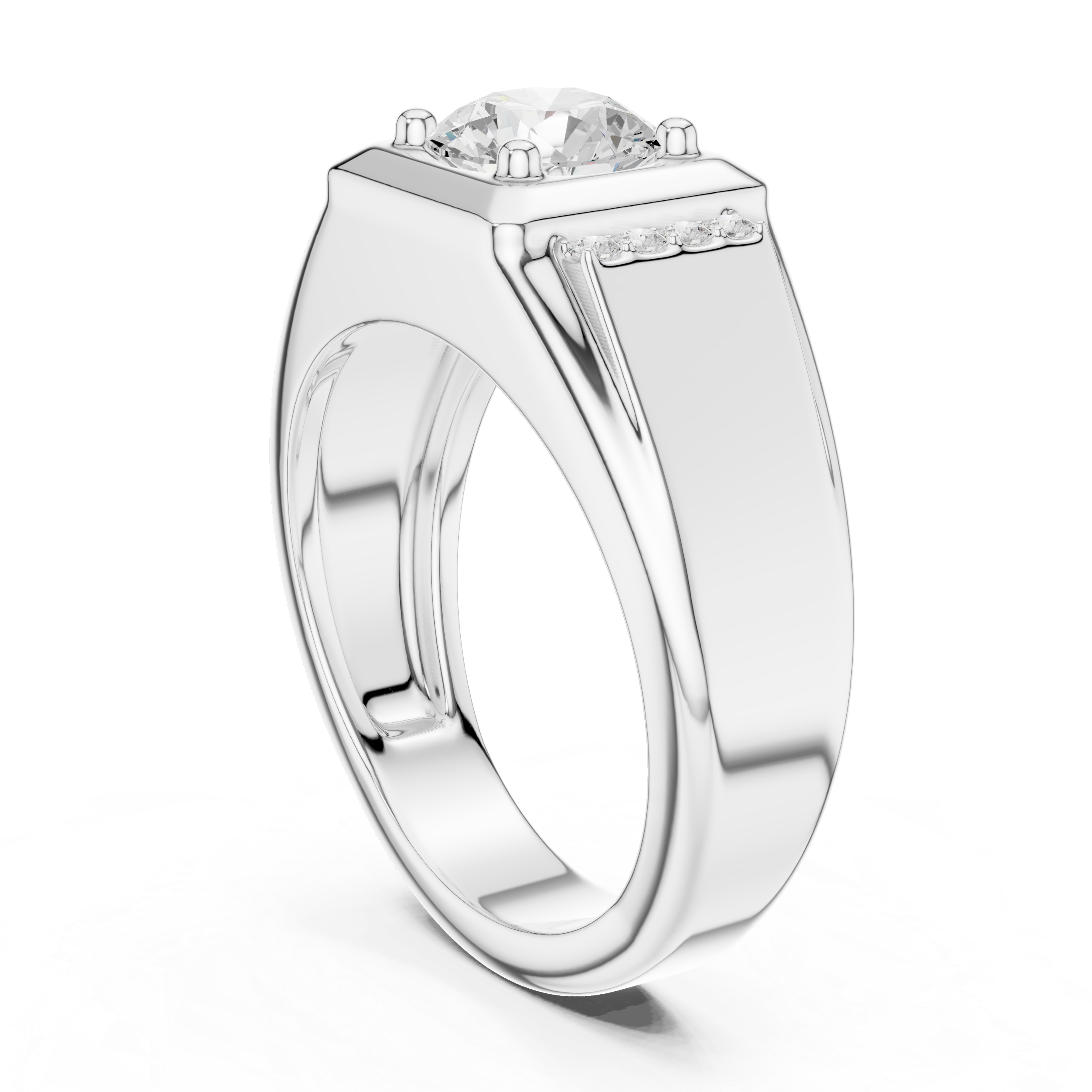 Round Cut Diamond Center with Pavé Side Stone Structured Band Design