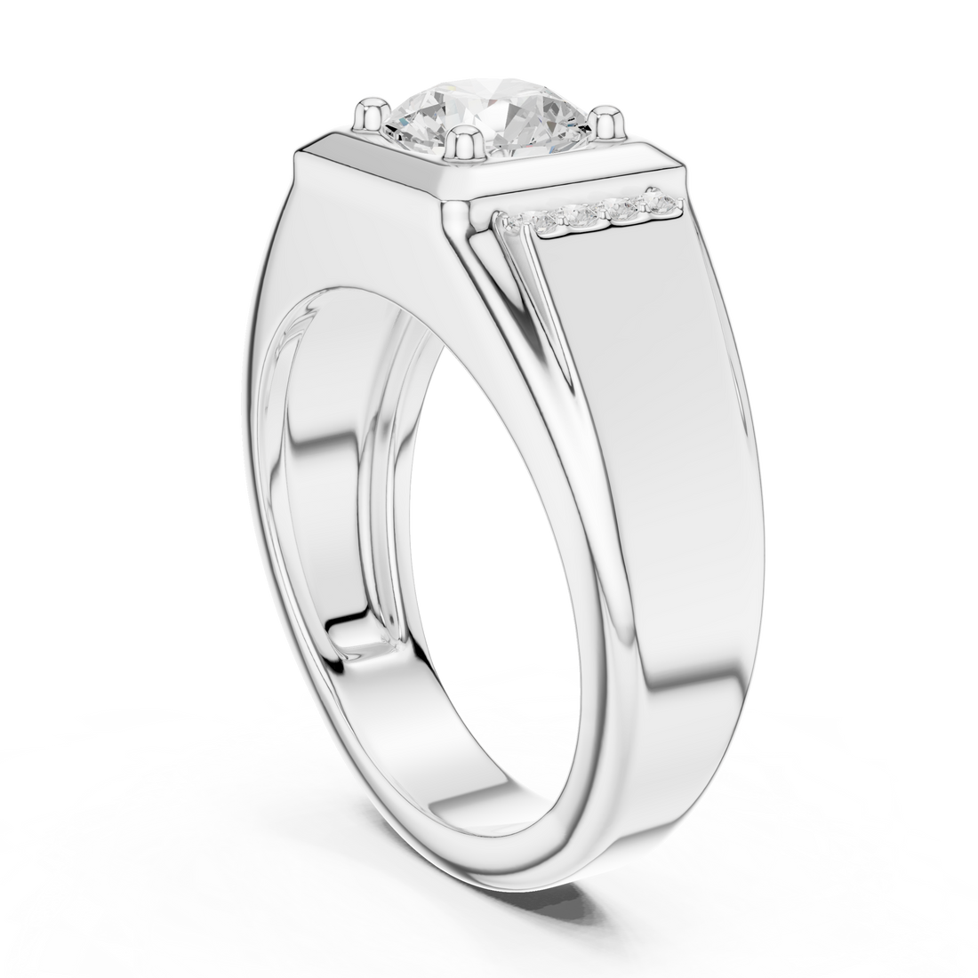 Round Cut Diamond Center with Pavé Side Stone Structured Band Design