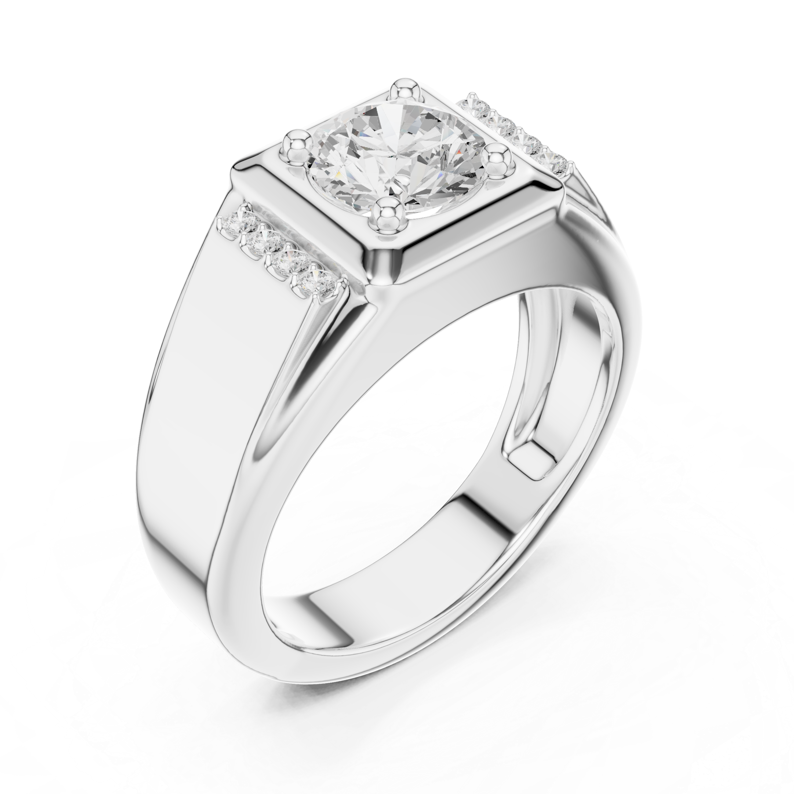 Round Cut Diamond Center with Pavé Side Stone Structured Band Design