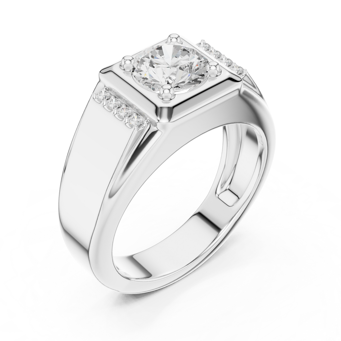 Round Cut Diamond Center with Pavé Side Stone Structured Band Design