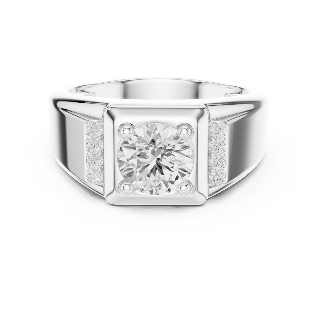 Round Cut Diamond Center with Pavé Side Stone Structured Band Design