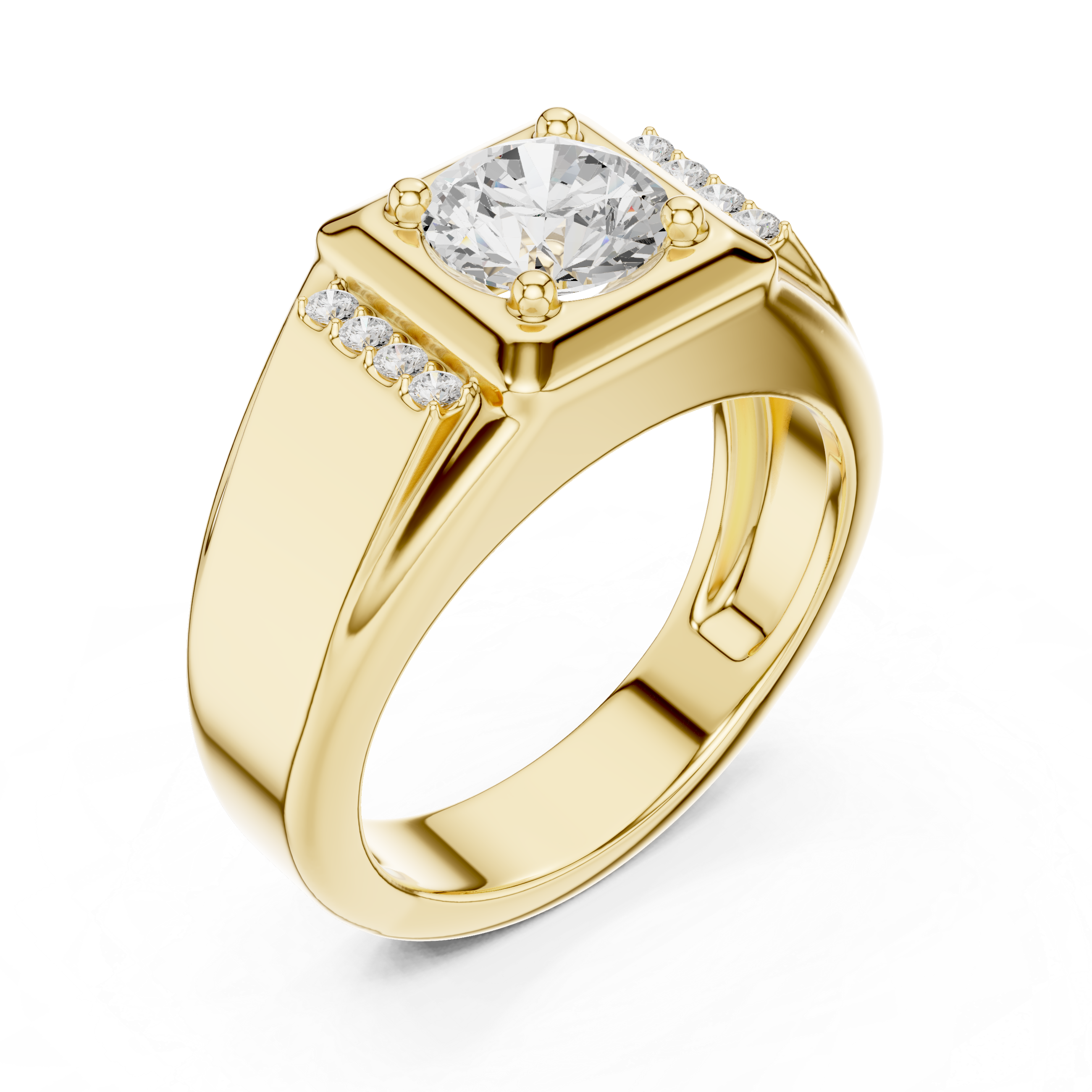 Round Cut Diamond Center with Pavé Side Stone Structured Band Design