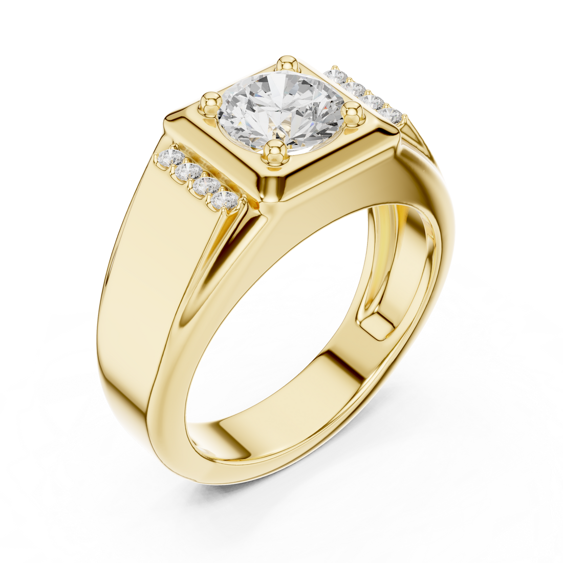 Round Cut Diamond Center with Pavé Side Stone Structured Band Design
