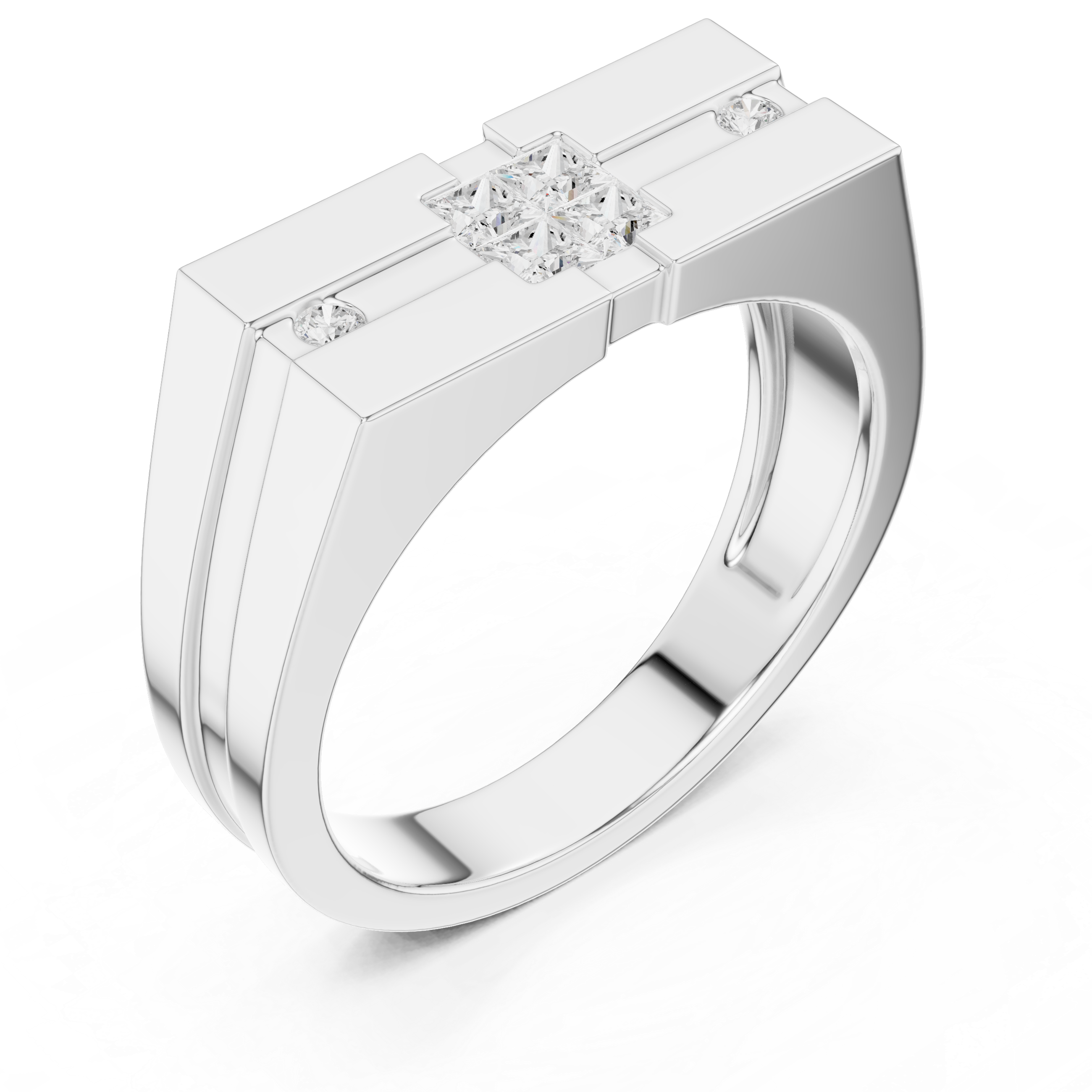Princess Cut Diamond Center with Round Side Stone Geometric Band Design