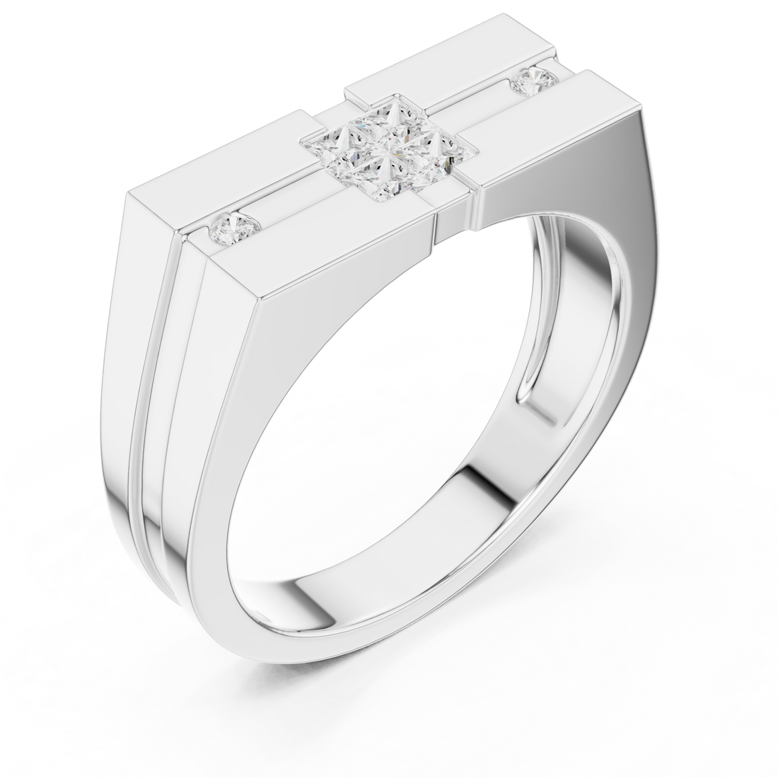 Princess Cut Diamond Center with Round Side Stone Geometric Band Design