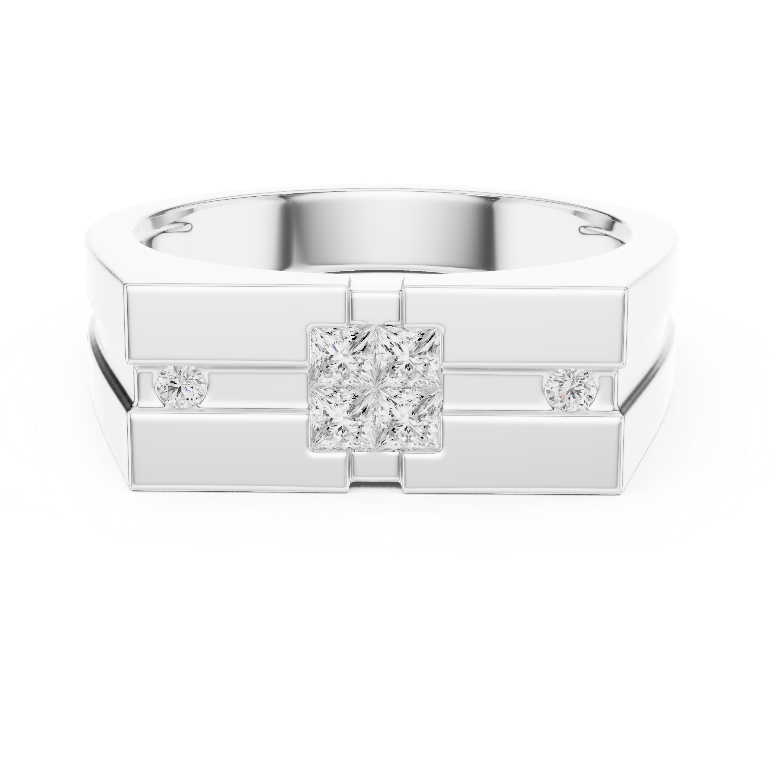 Princess Cut Diamond Center with Round Side Stone Geometric Band Design