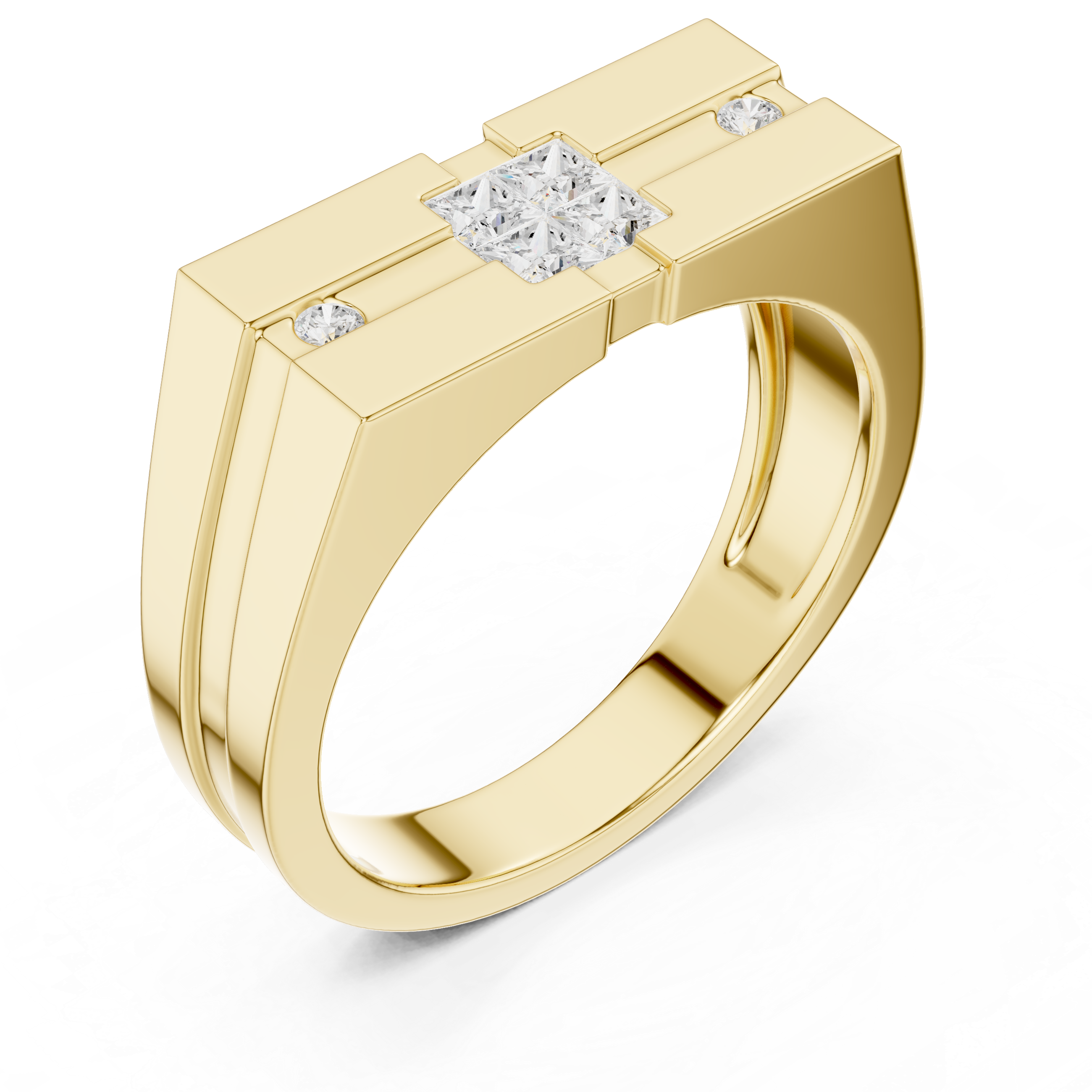 Princess Cut Diamond Center with Round Side Stone Geometric Band Design