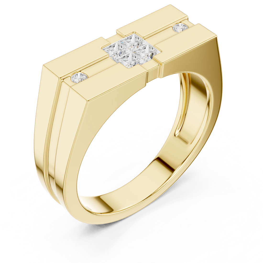 Princess Cut Diamond Center with Round Side Stone Geometric Band Design