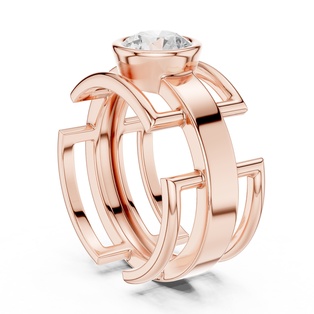 Round Cut Diamond Bezel Solitaire Architectural Band Ring