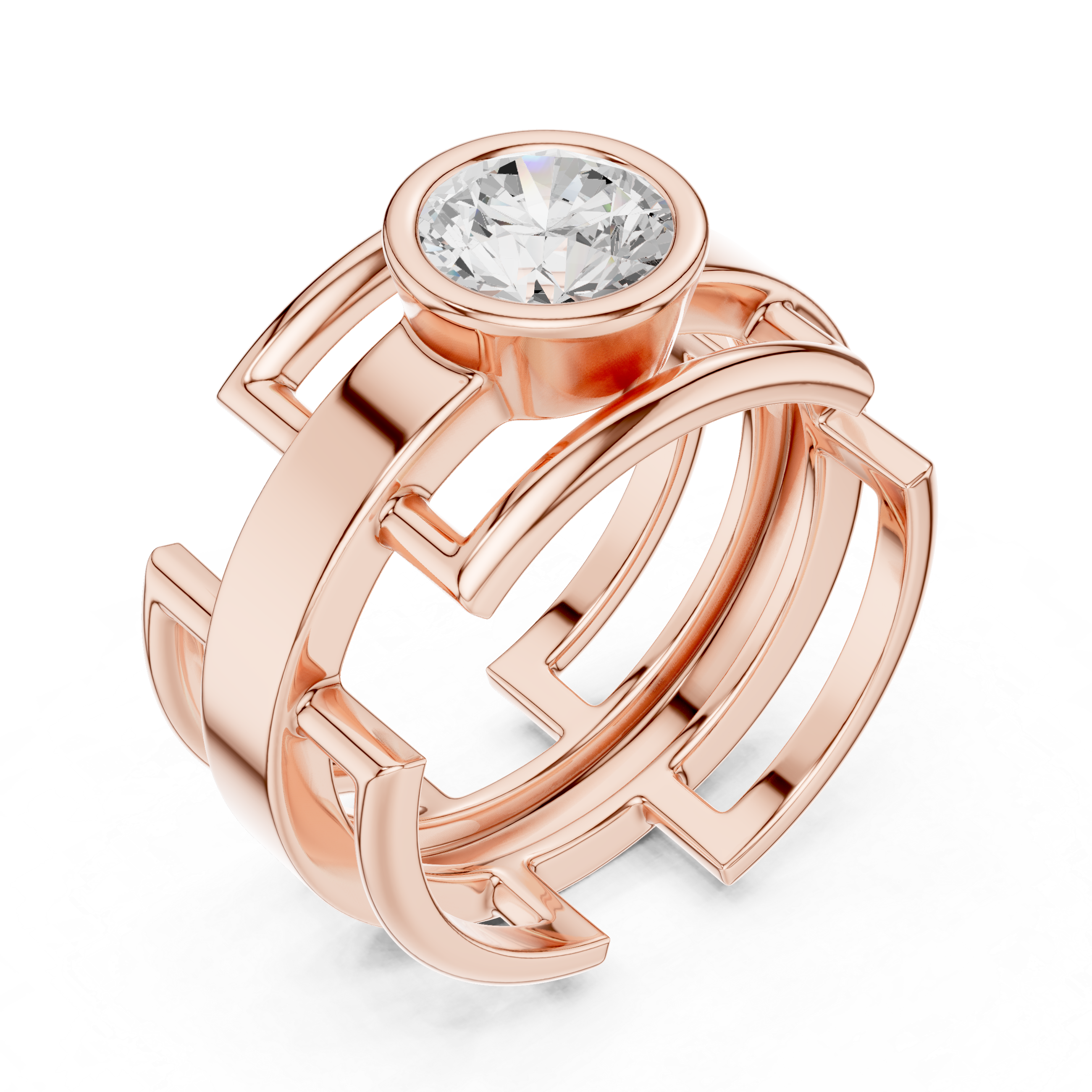 Round Cut Diamond Bezel Solitaire Architectural Band Ring