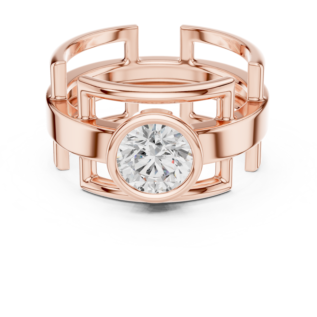 Round Cut Diamond Bezel Solitaire Architectural Band Ring