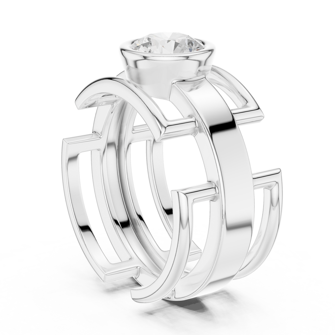 Round Cut Diamond Bezel Solitaire Architectural Band Ring