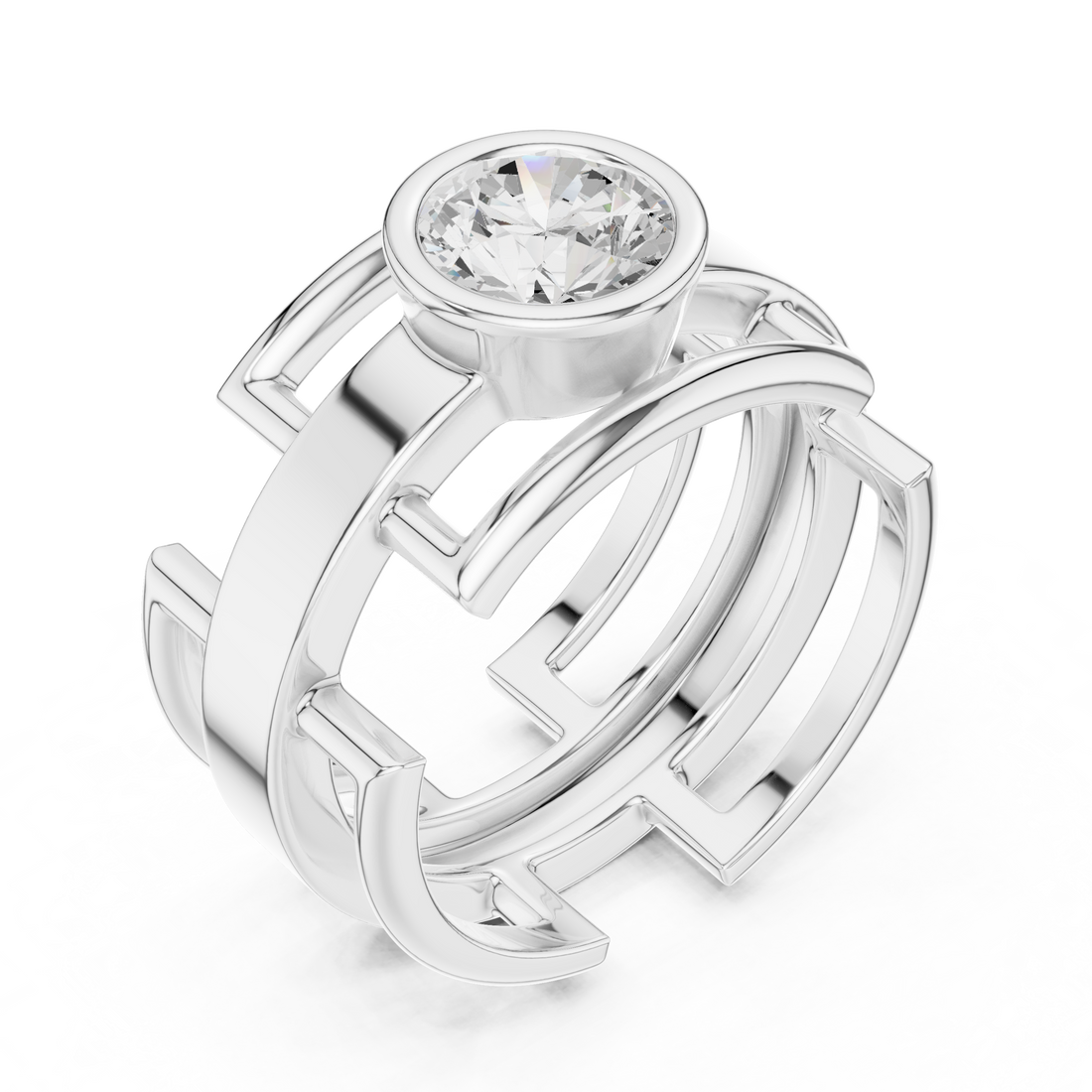 Round Cut Diamond Bezel Solitaire Architectural Band Ring