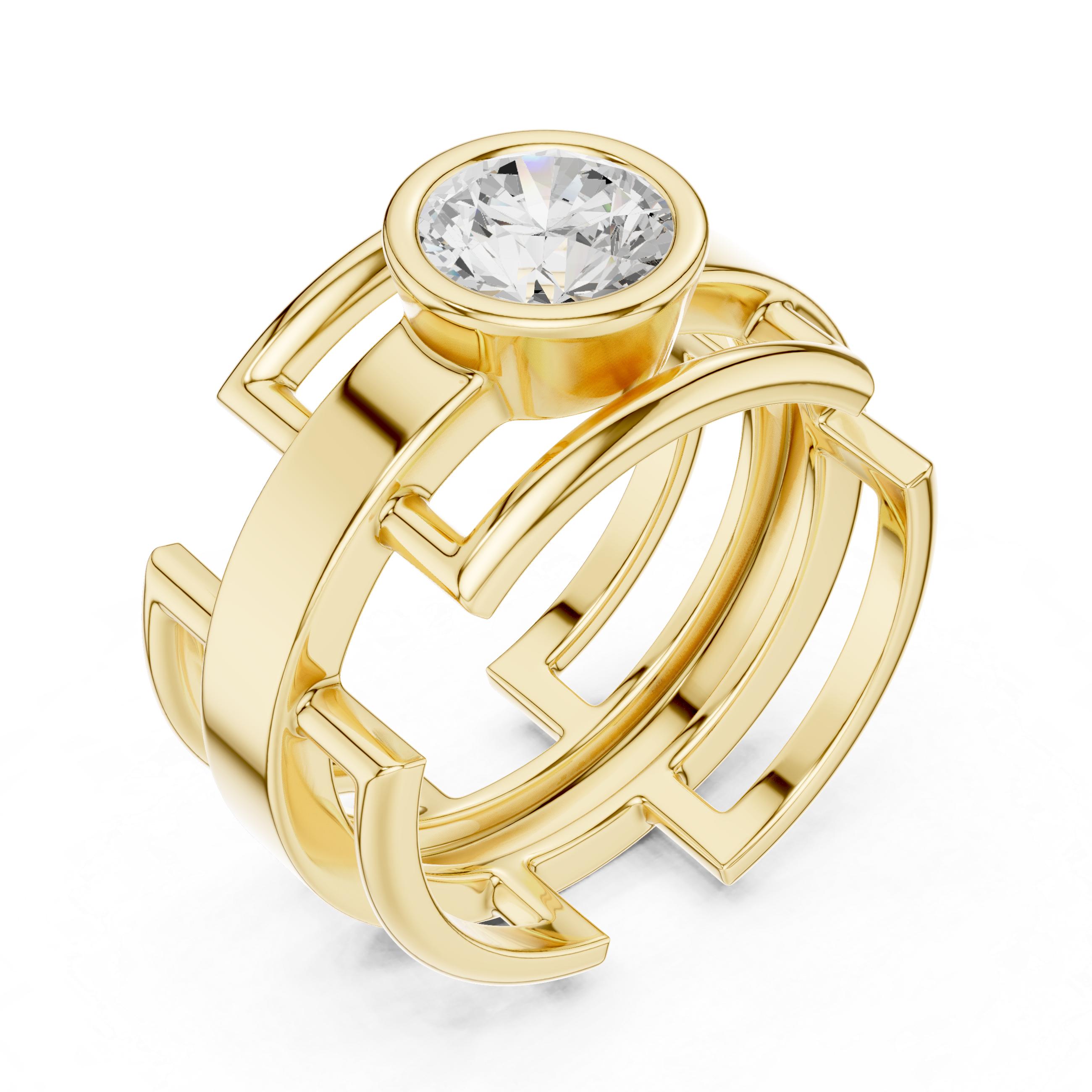 Round Cut Diamond Bezel Solitaire Architectural Band Ring