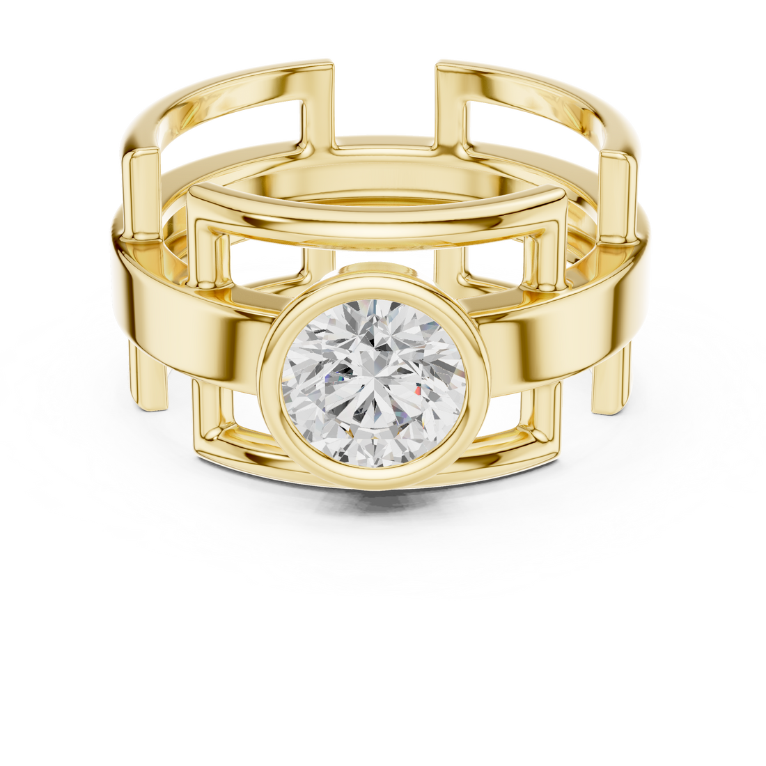 Round Cut Diamond Bezel Solitaire Architectural Band Ring