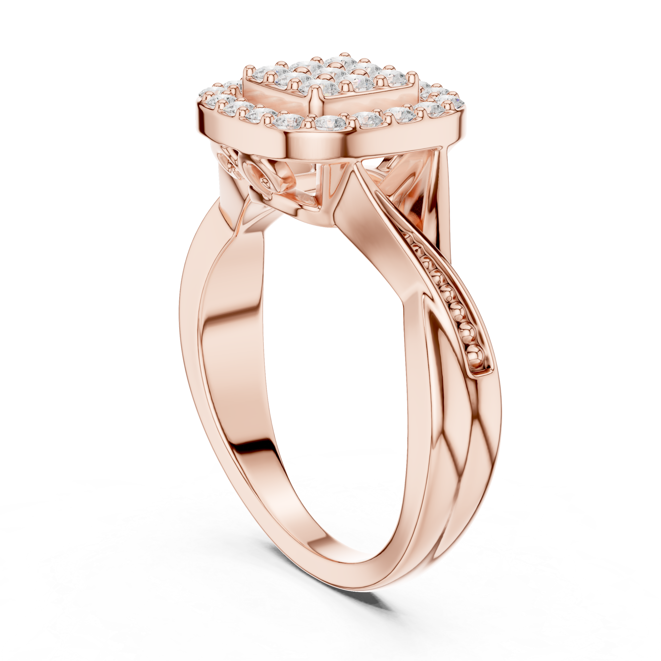 Round Cut Diamond Cluster Halo Ring with Pavé Band