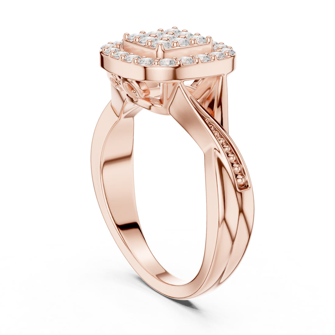 Round Cut Diamond Cluster Halo Ring with Pavé Band