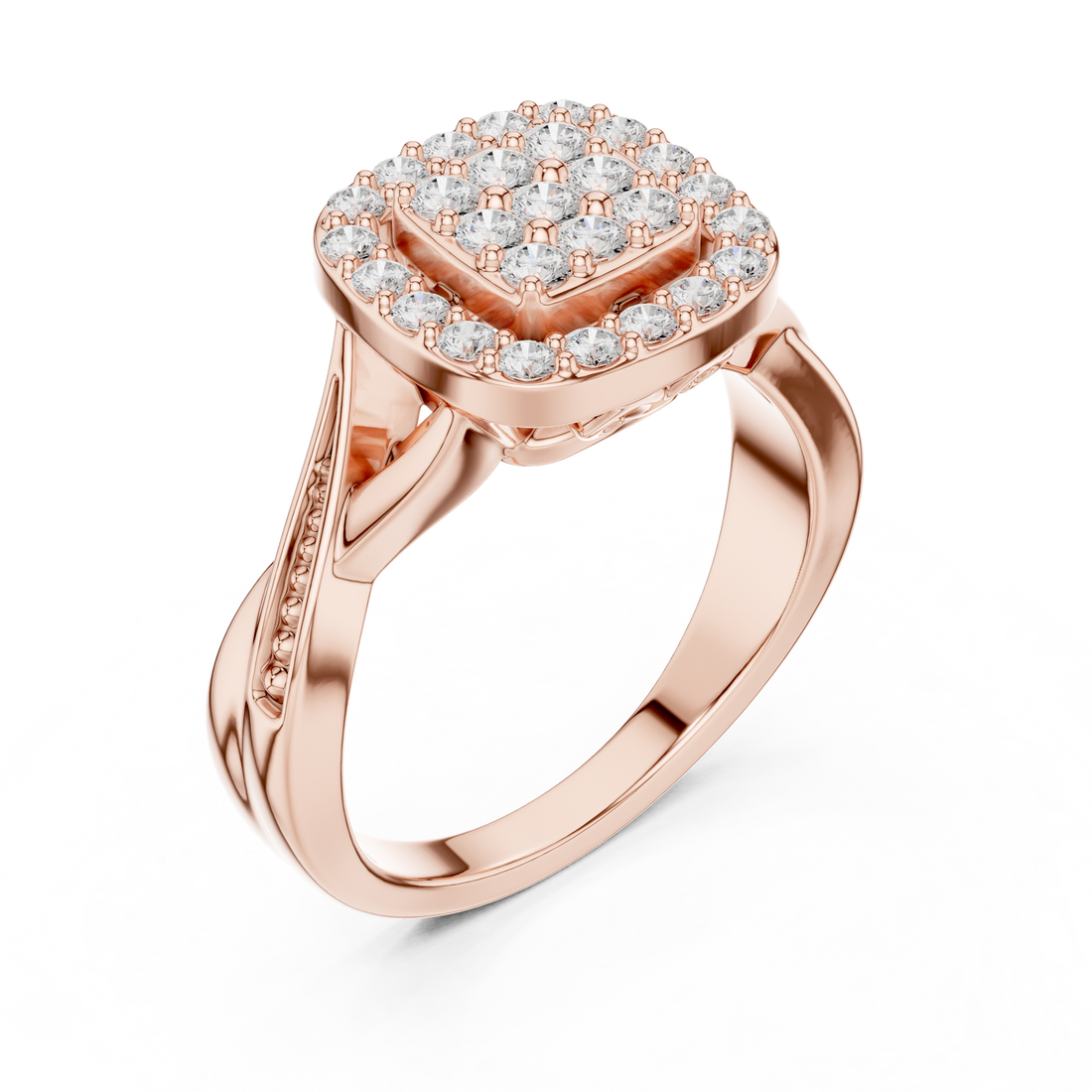 Round Cut Diamond Cluster Halo Ring with Pavé Band
