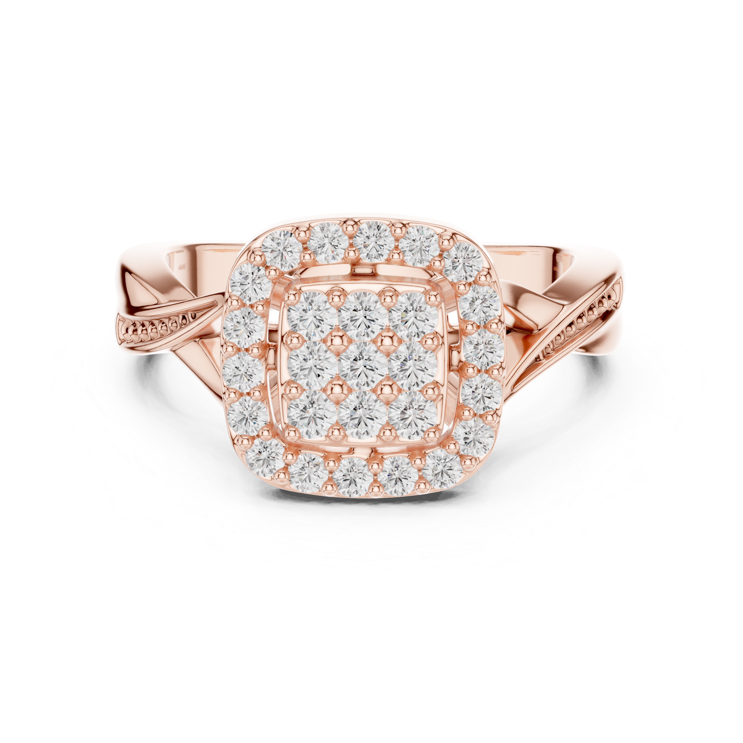 Round Cut Diamond Cluster Halo Ring with Pavé Band