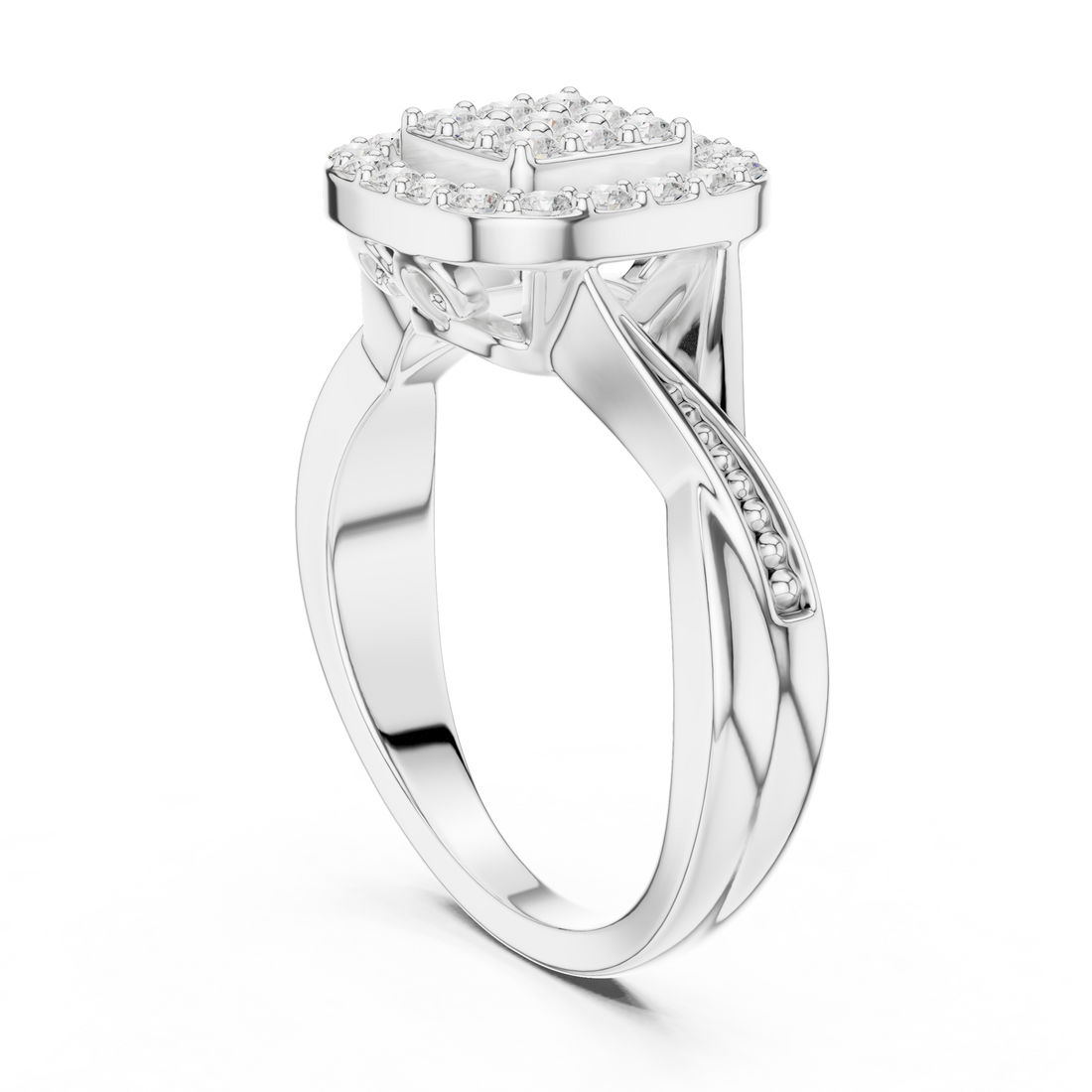 Round Cut Diamond Cluster Halo Ring with Pavé Band