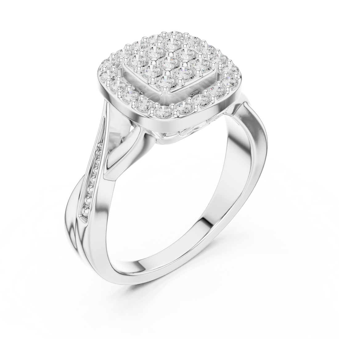 Round Cut Diamond Cluster Halo Ring with Pavé Band