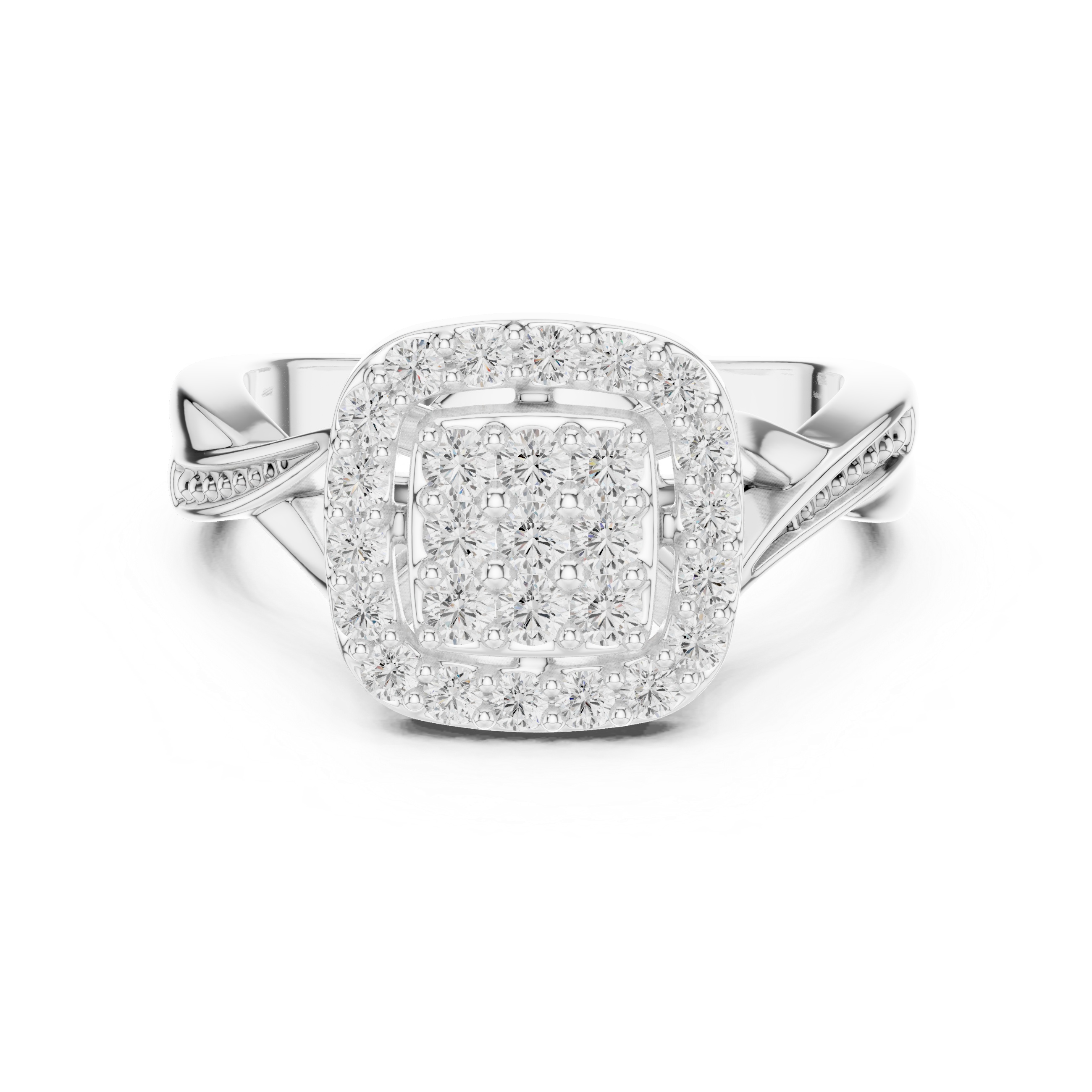 Round Cut Diamond Cluster Halo Ring with Pavé Band