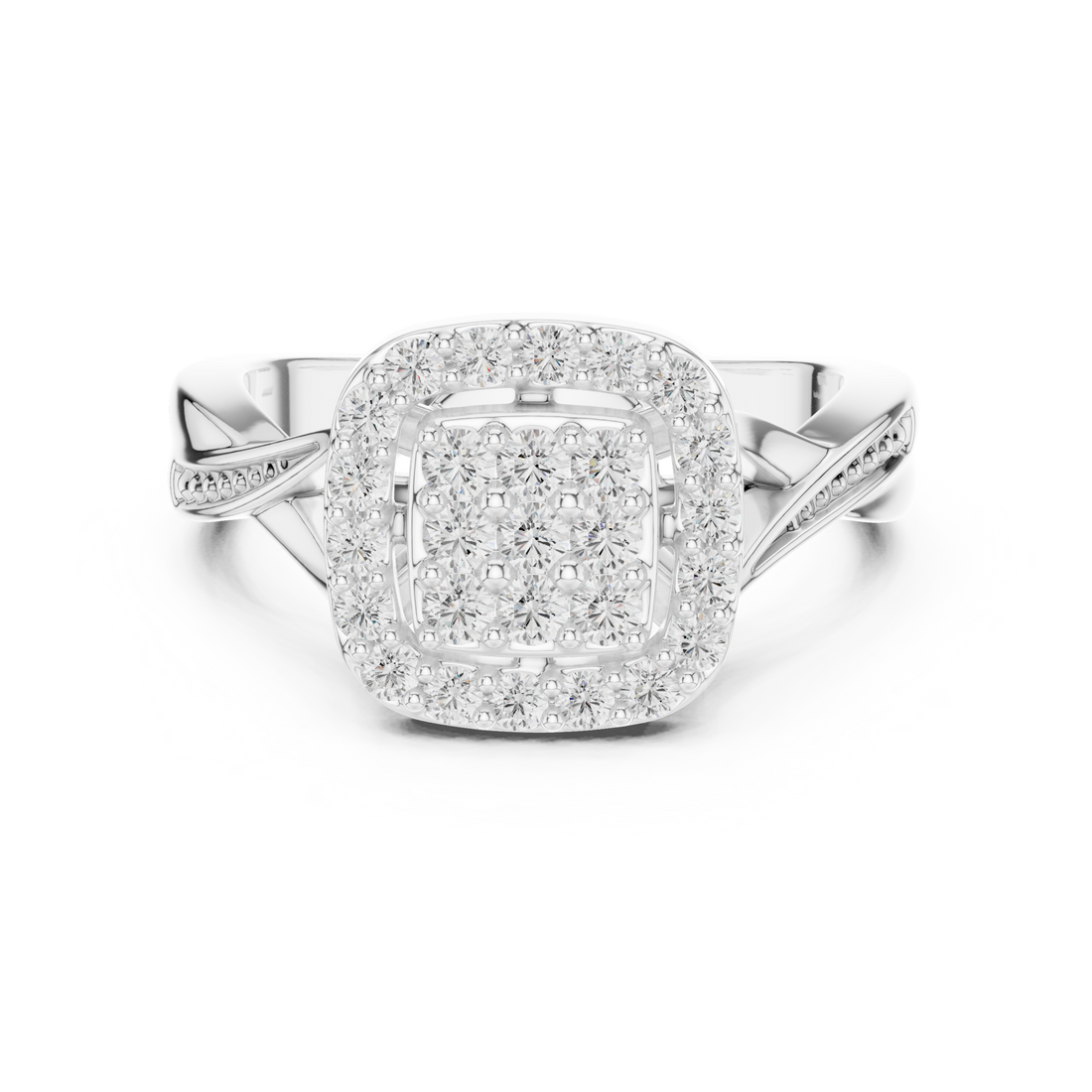 Round Cut Diamond Cluster Halo Ring with Pavé Band