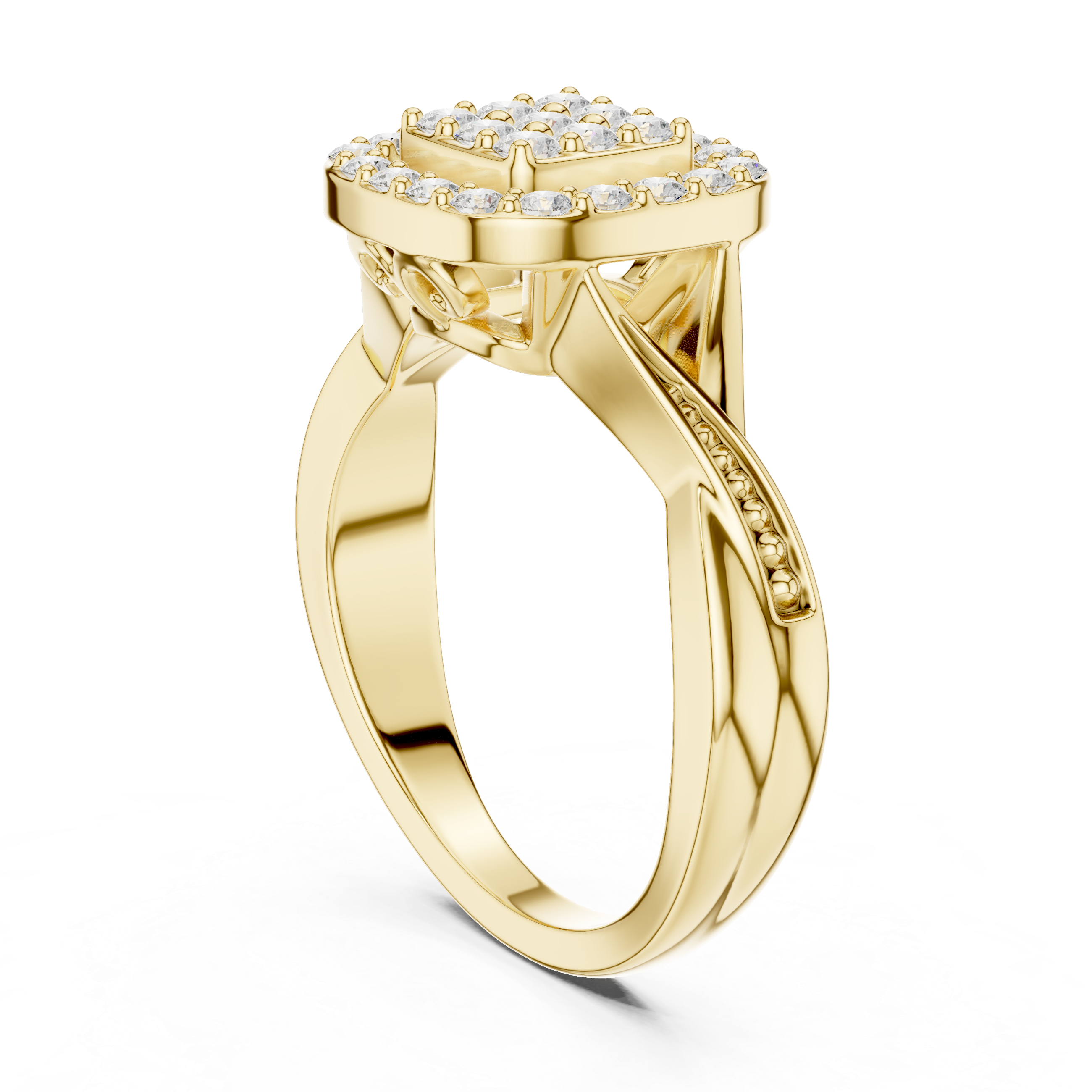 Round Cut Diamond Cluster Halo Ring with Pavé Band