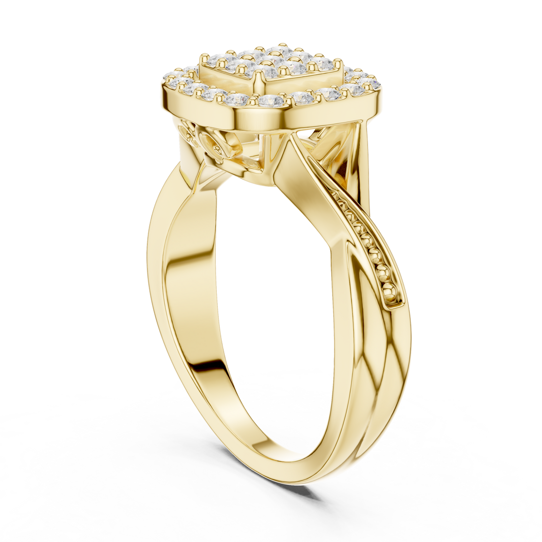 Round Cut Diamond Cluster Halo Ring with Pavé Band