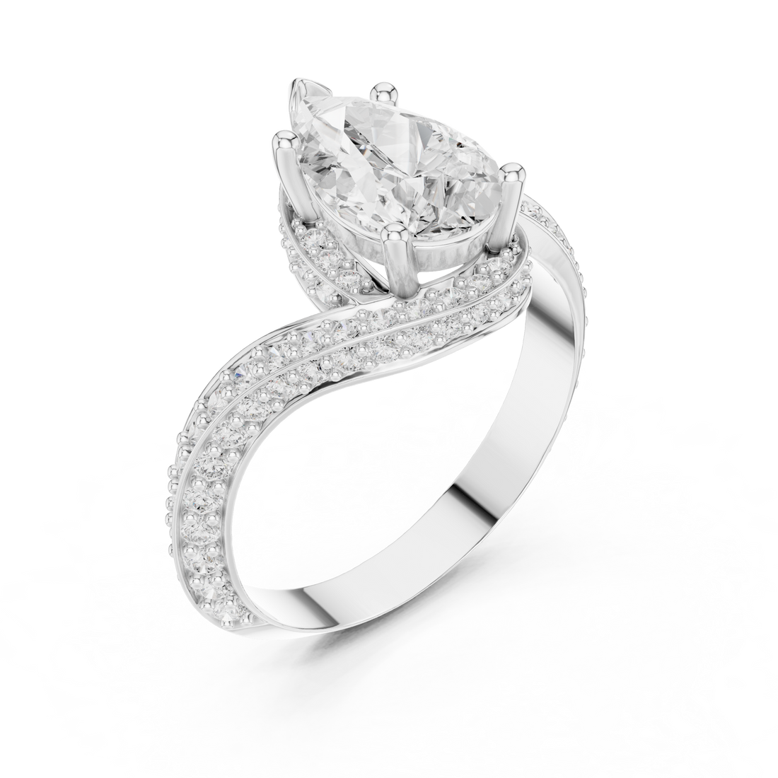 Pear Cut Diamond Pavé Split Shank Side Stone Engagement Ring