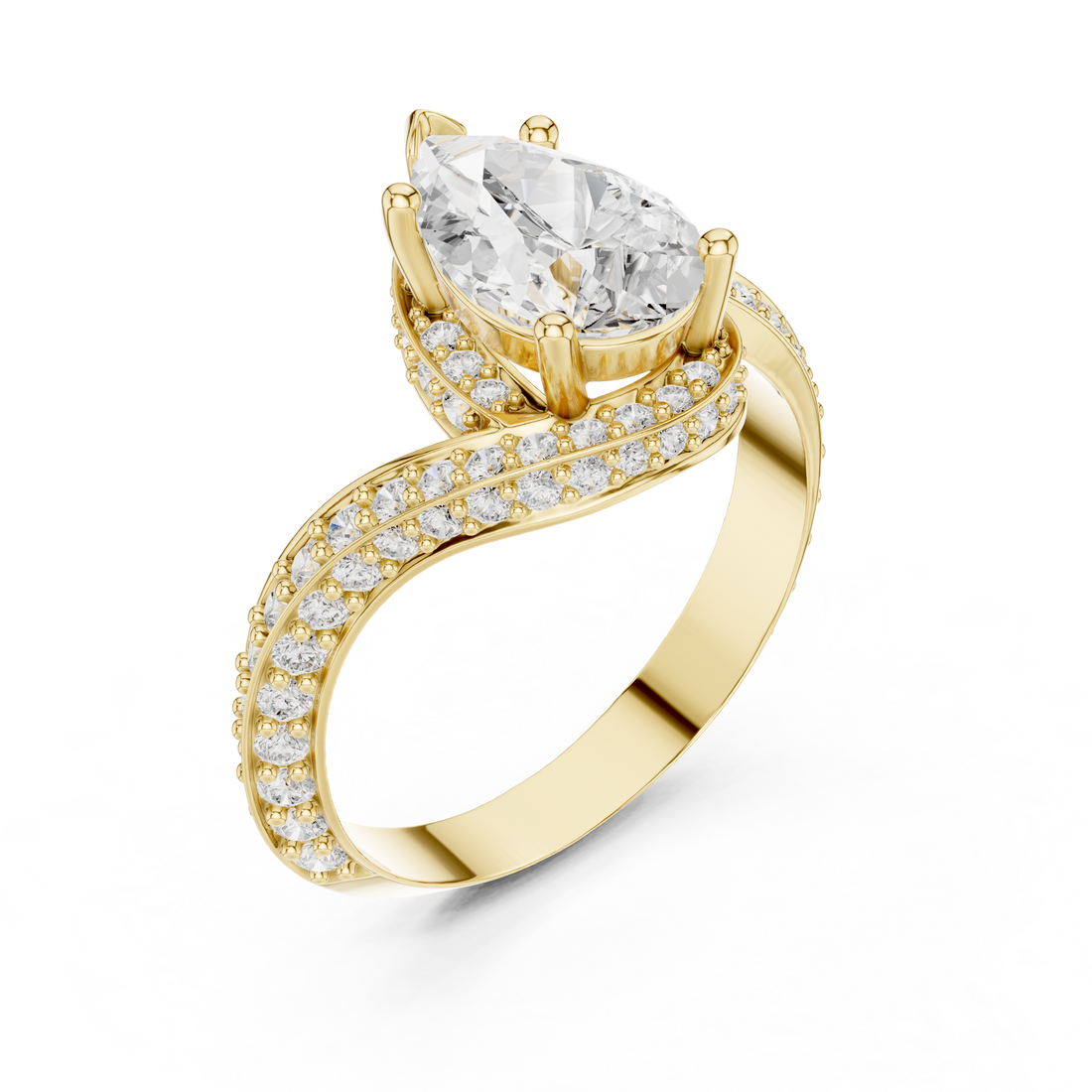 Pear Cut Diamond Pavé Split Shank Side Stone Engagement Ring