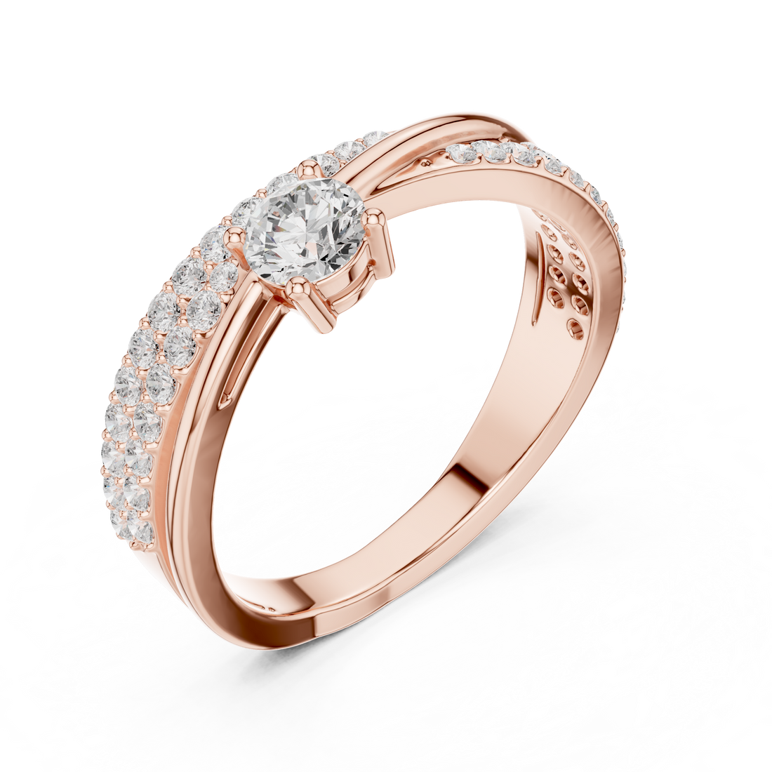 Round Cut Diamond Twist Band Ring with Pavé Accents and Solitaire Center