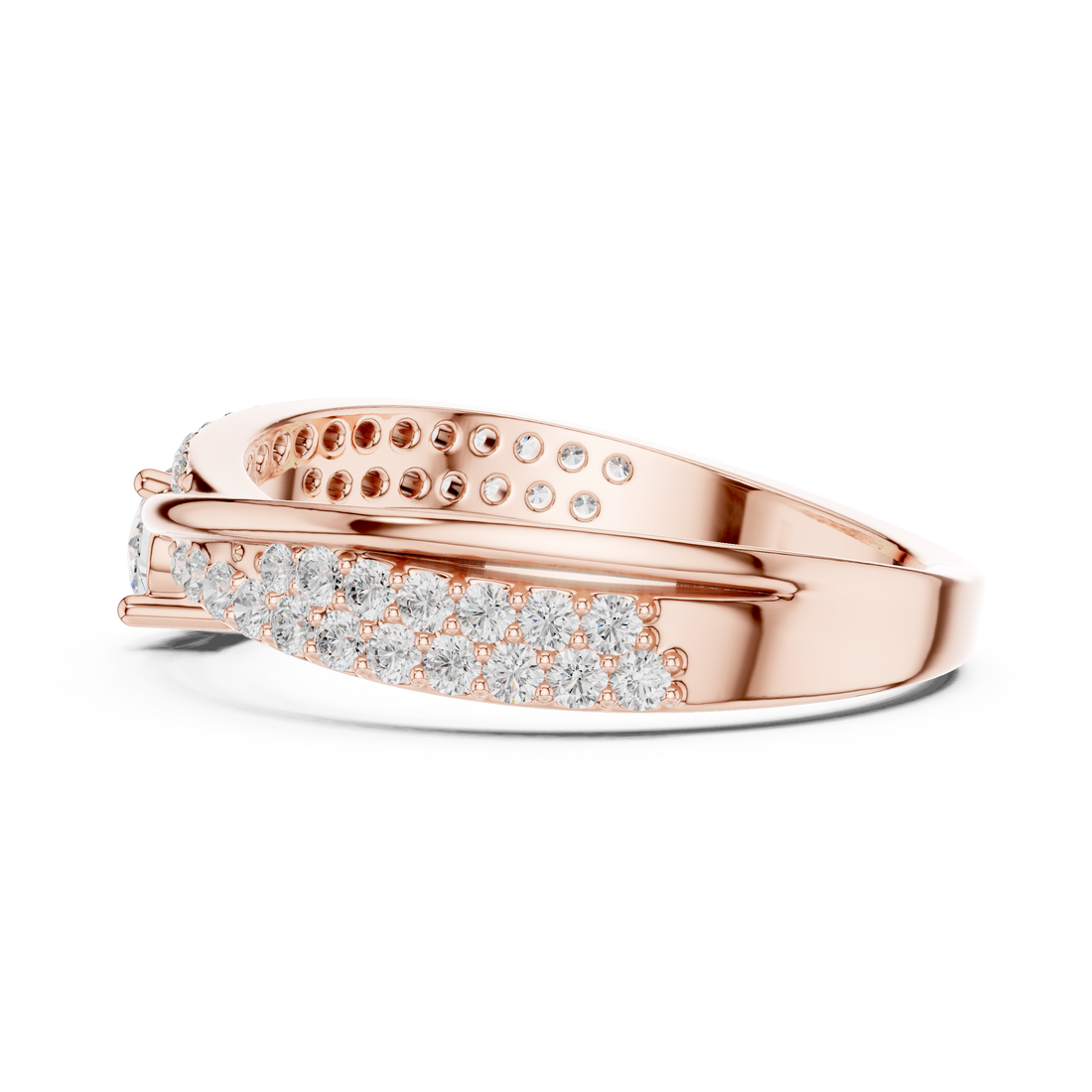 Round Cut Diamond Twist Band Ring with Pavé Accents and Solitaire Center