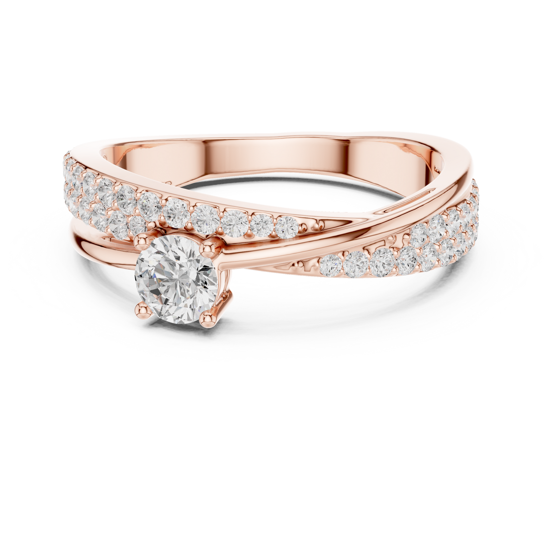Round Cut Diamond Twist Band Ring with Pavé Accents and Solitaire Center