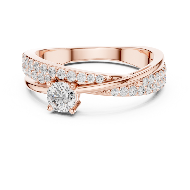 Round Cut Diamond Twist Band Ring with Pavé Accents and Solitaire Center