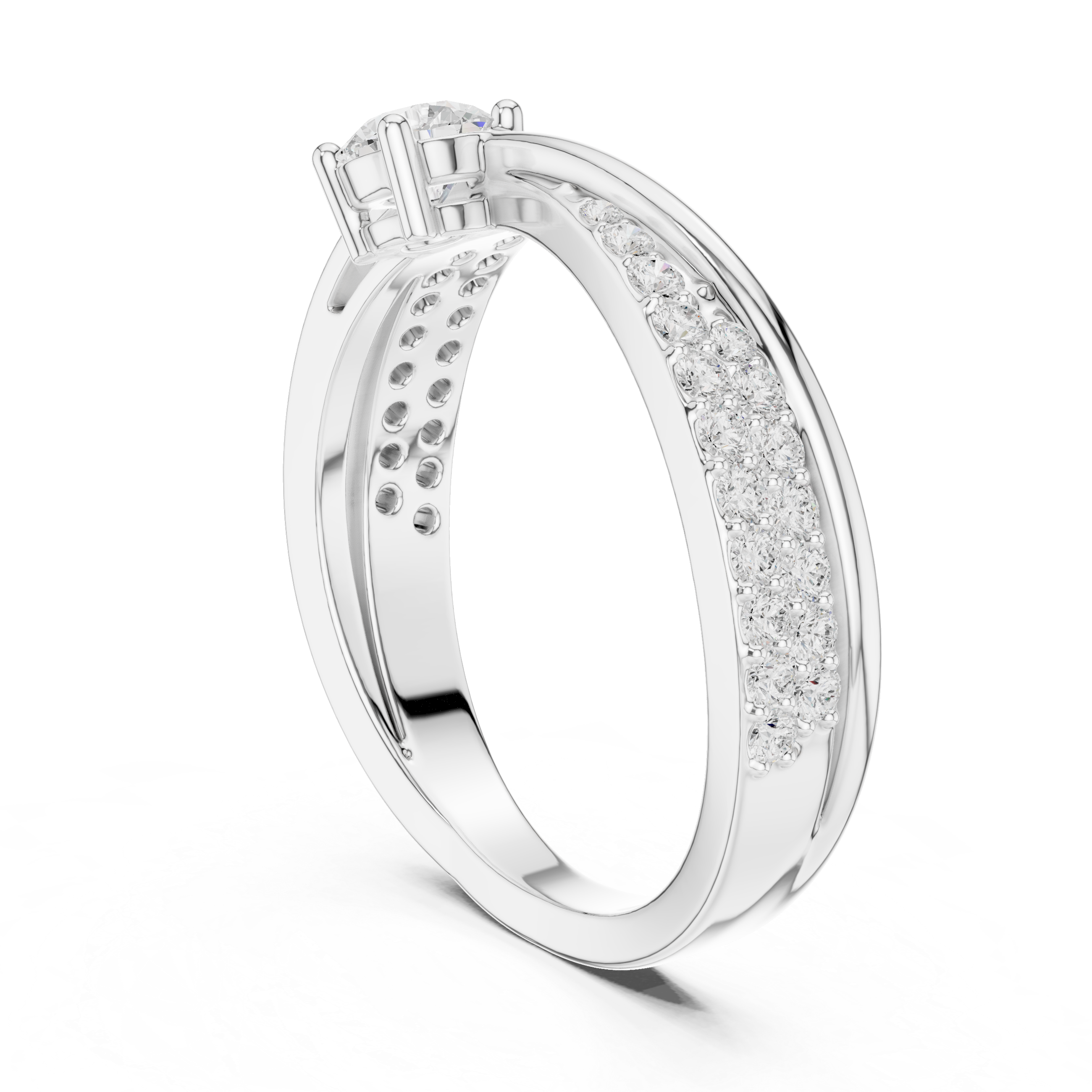 Round Cut Diamond Twist Band Ring with Pavé Accents and Solitaire Center