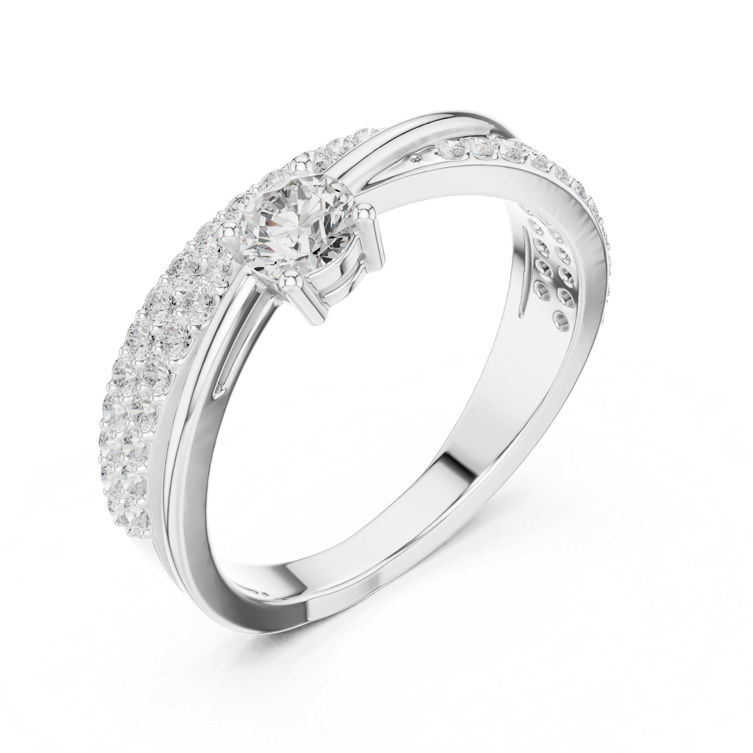 Round Cut Diamond Twist Band Ring with Pavé Accents and Solitaire Center