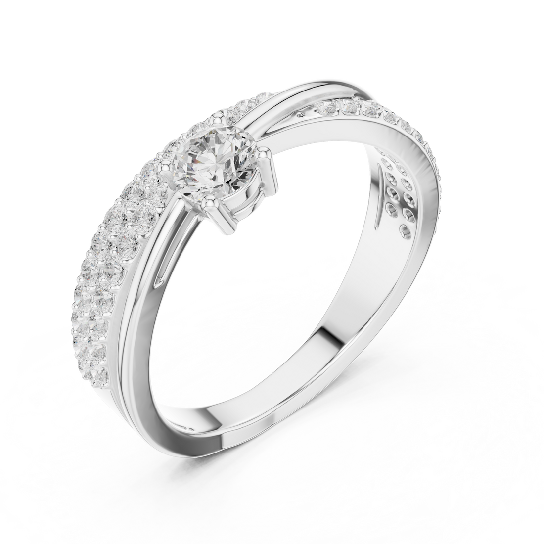 Round Cut Diamond Twist Band Ring with Pavé Accents and Solitaire Center