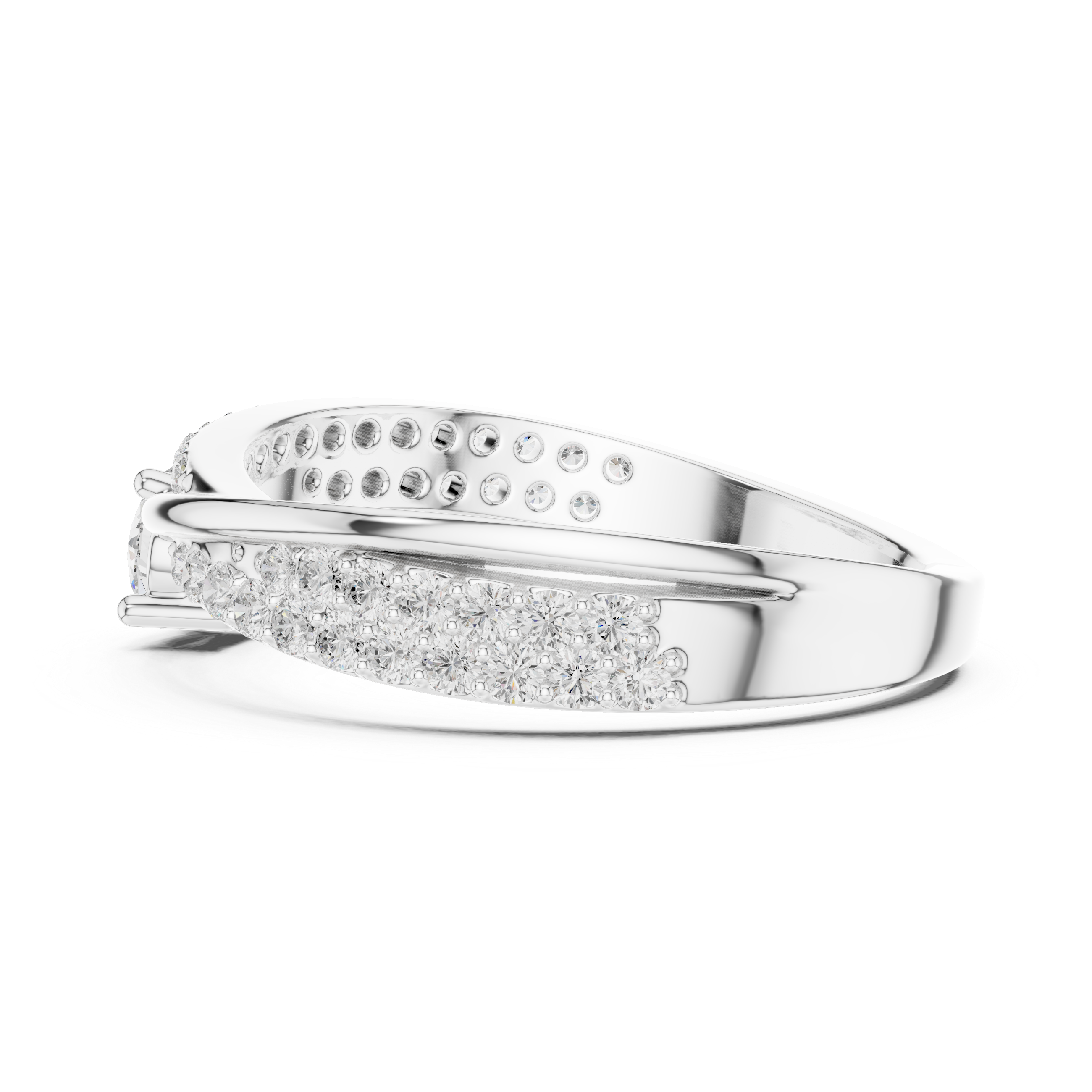 Round Cut Diamond Twist Band Ring with Pavé Accents and Solitaire Center