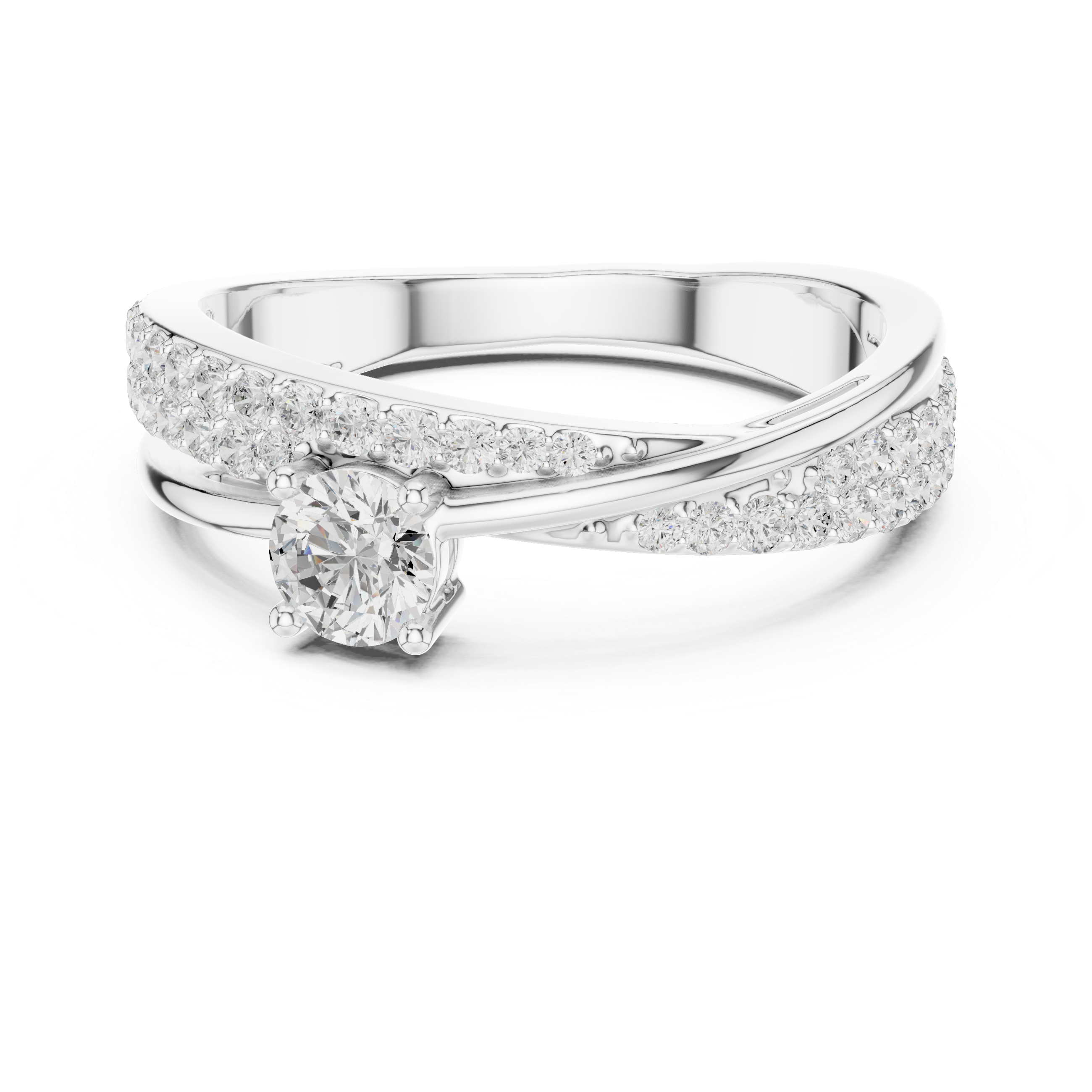 Round Cut Diamond Twist Band Ring with Pavé Accents and Solitaire Center