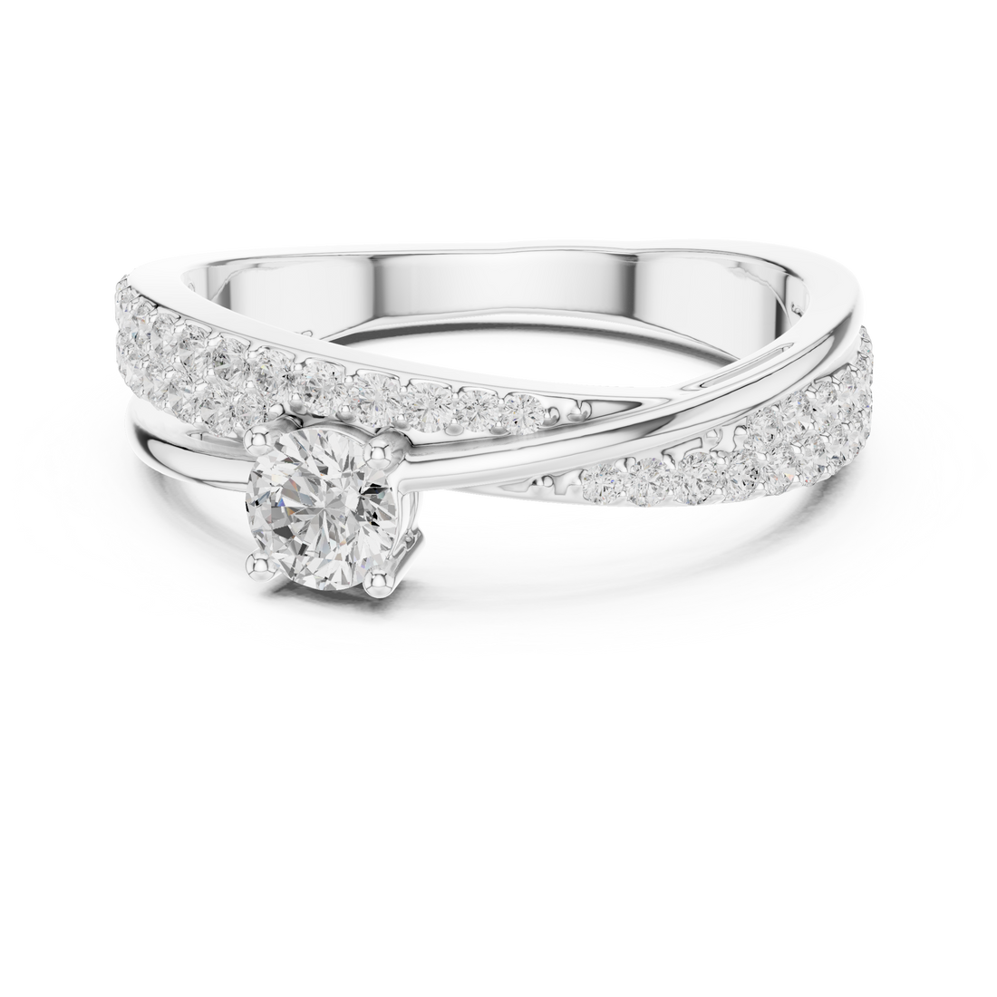 Round Cut Diamond Twist Band Ring with Pavé Accents and Solitaire Center