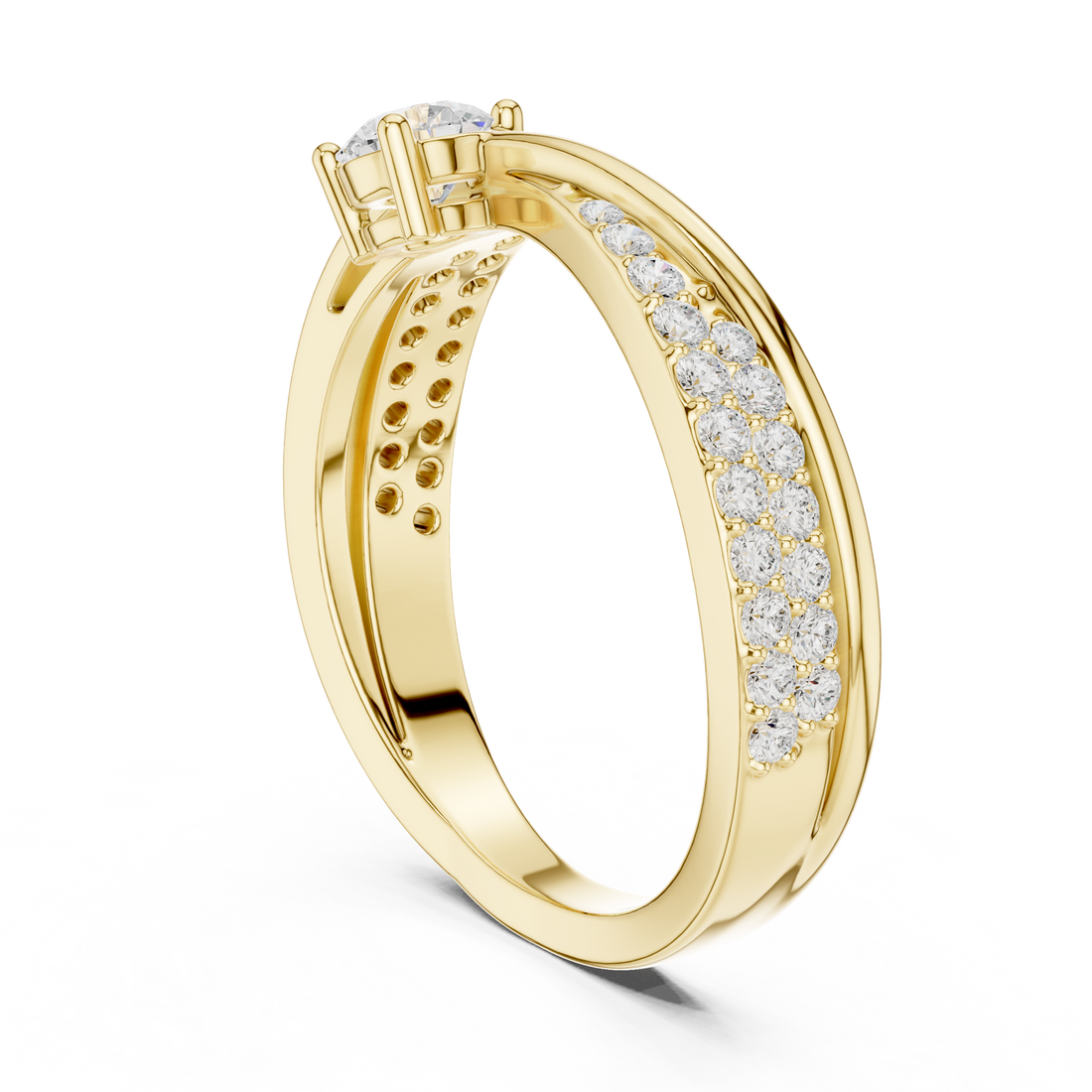 Round Cut Diamond Twist Band Ring with Pavé Accents and Solitaire Center