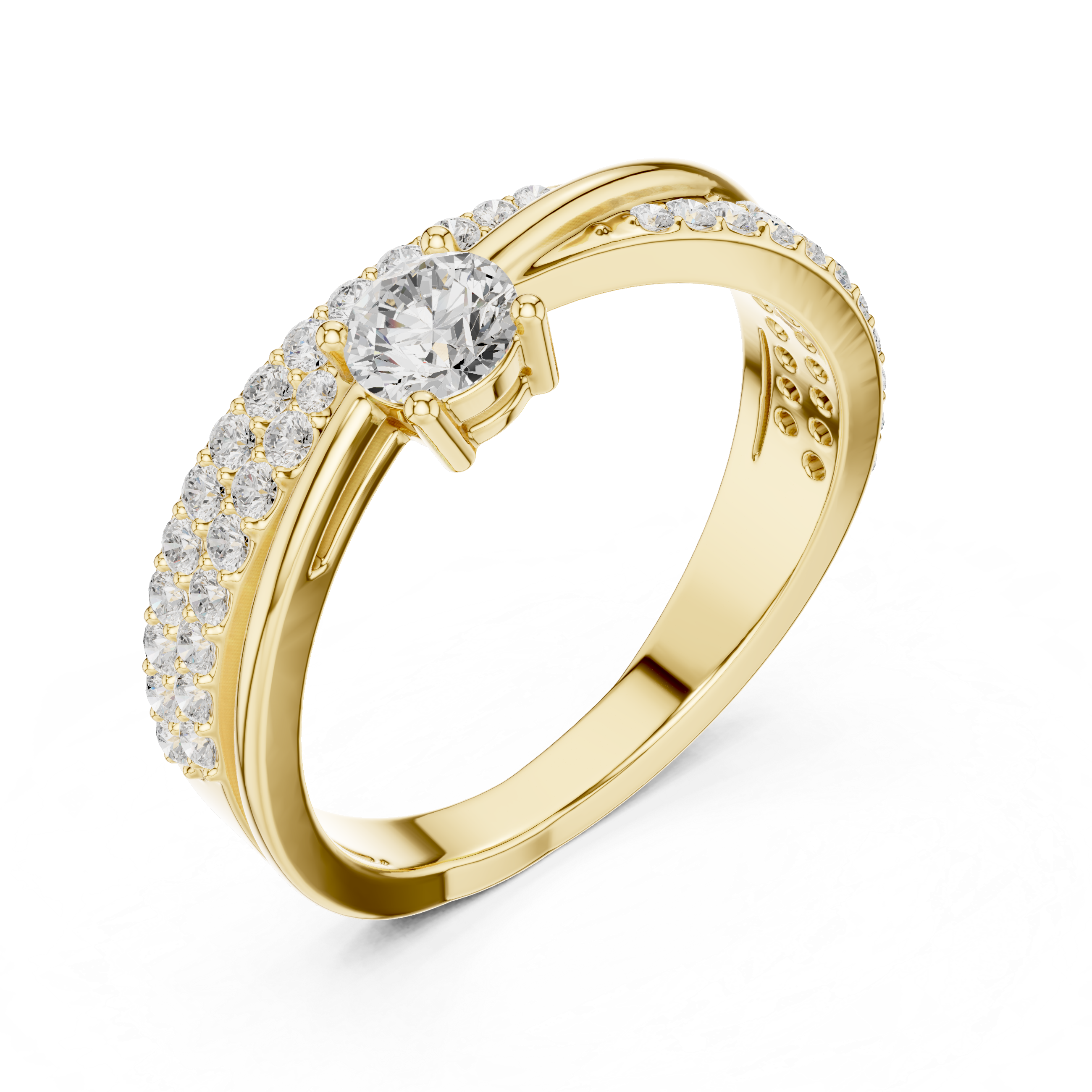 Round Cut Diamond Twist Band Ring with Pavé Accents and Solitaire Center
