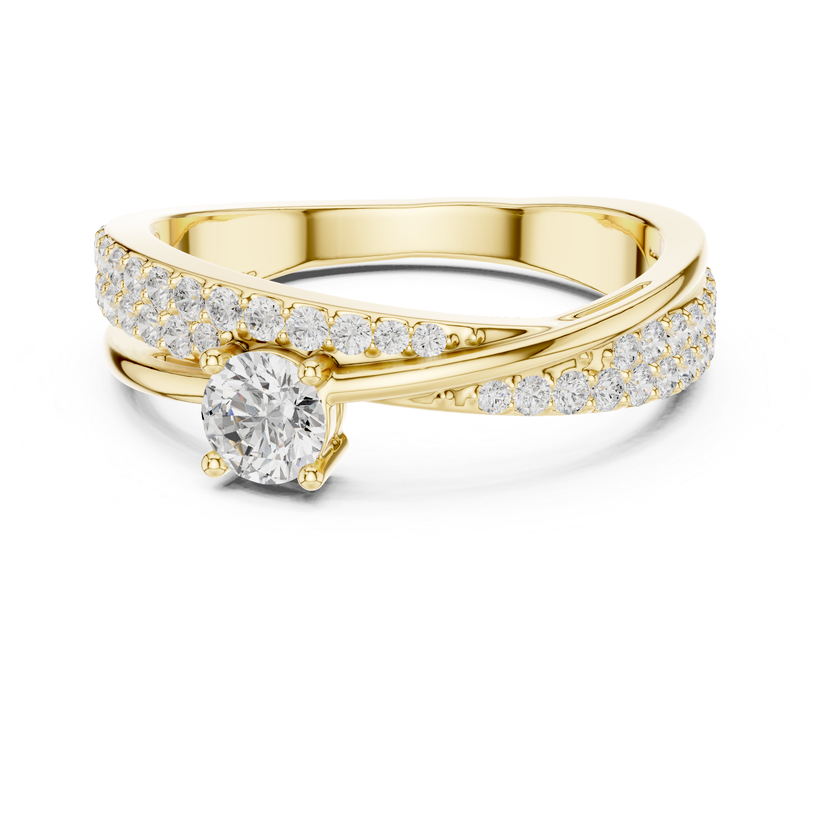 Round Cut Diamond Twist Band Ring with Pavé Accents and Solitaire Center